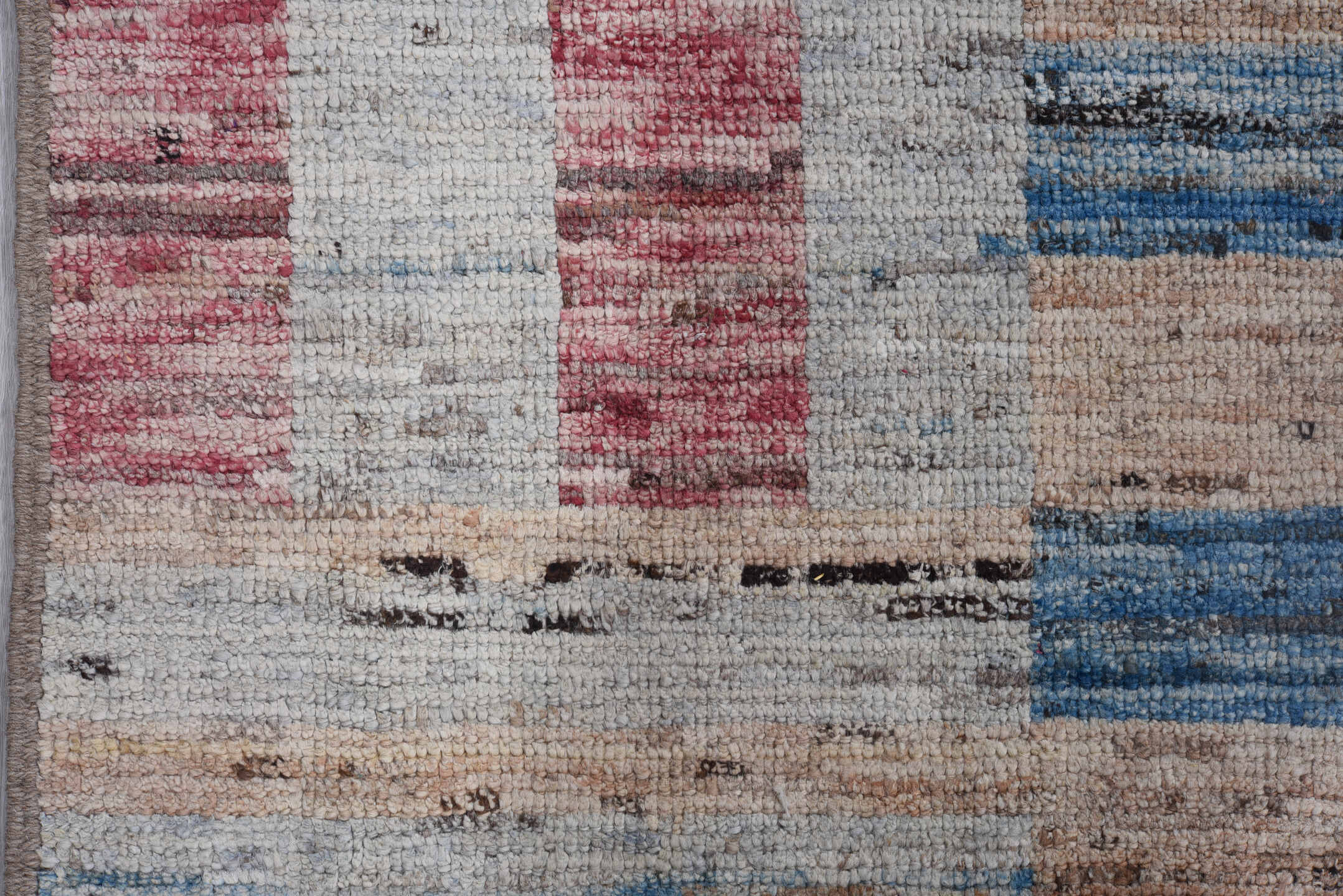 9' x 11' one-of-a-kind handmade vintage Tulu large size rug. Color palette: ivory, pale blue, cobalt, rose, saffron, peach