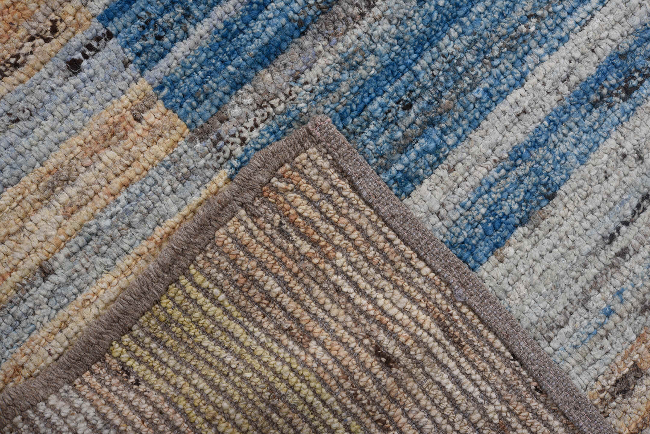 9' x 11' one-of-a-kind handmade vintage Tulu large size rug. Color palette: ivory, pale blue, cobalt, rose, saffron, peach