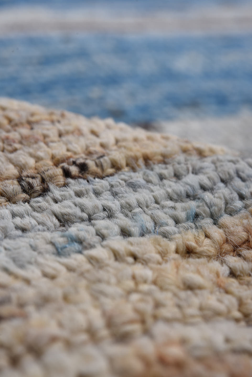 9' x 11' one-of-a-kind handmade vintage Tulu large size rug. Color palette: ivory, pale blue, cobalt, rose, saffron, peach
