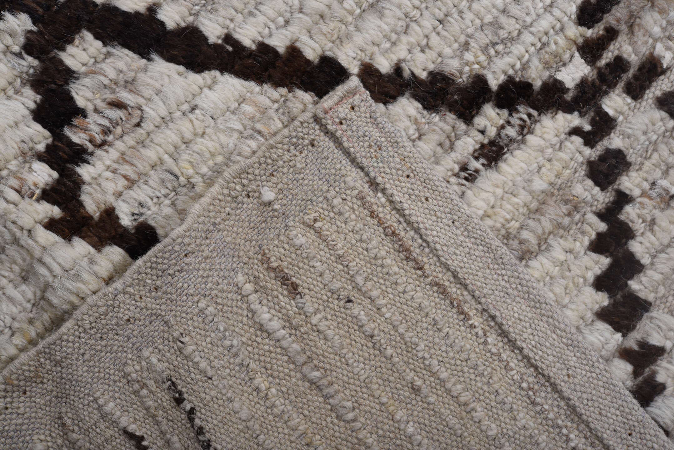 9' x 12' one-of-a-kind handmade vintage Tulu large size rug. Color palette: ivory, gray, brown, charcoal, taupe, black