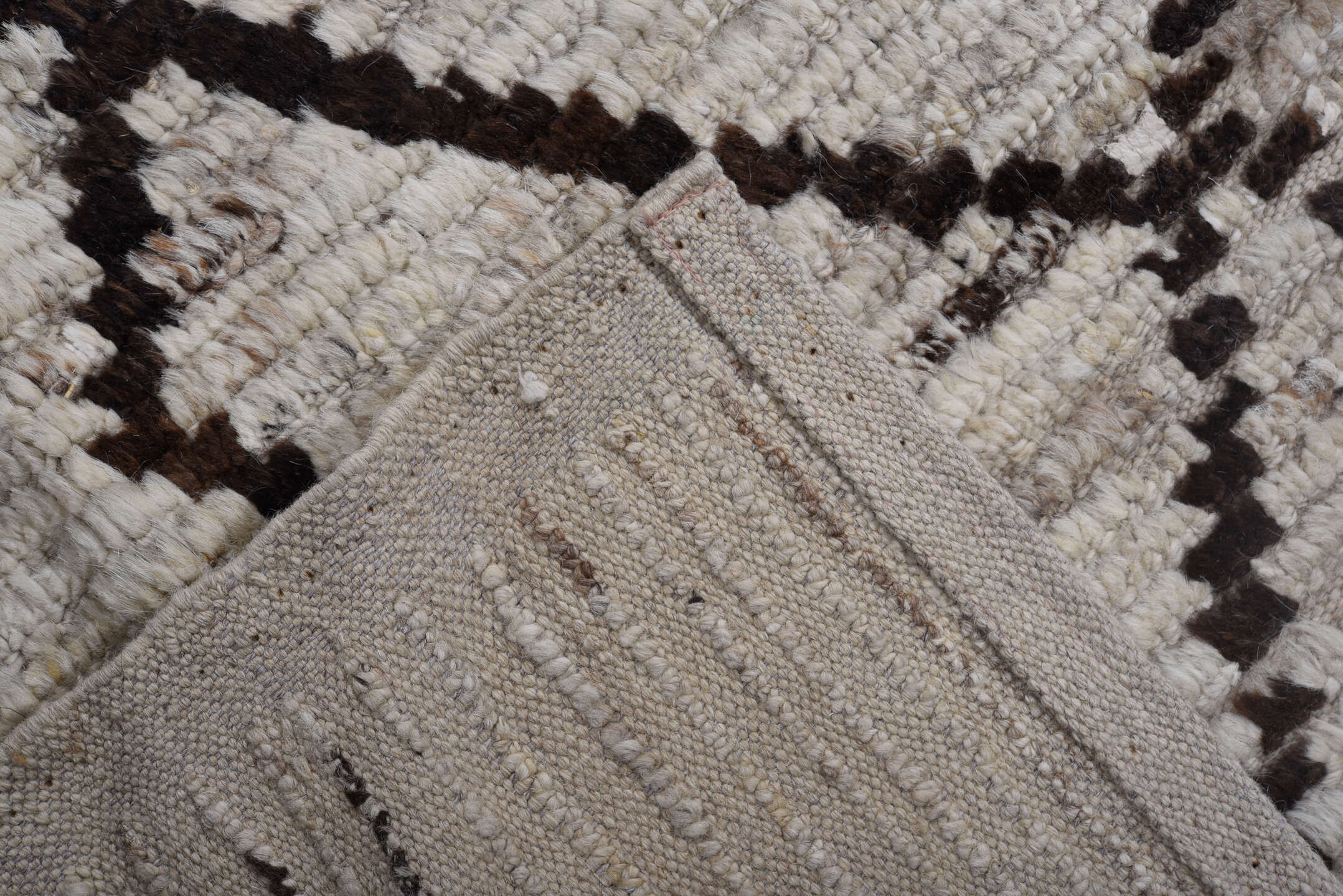 9' x 12' one-of-a-kind handmade vintage Tulu large size rug. Color palette: ivory, gray, brown, charcoal, taupe, black
