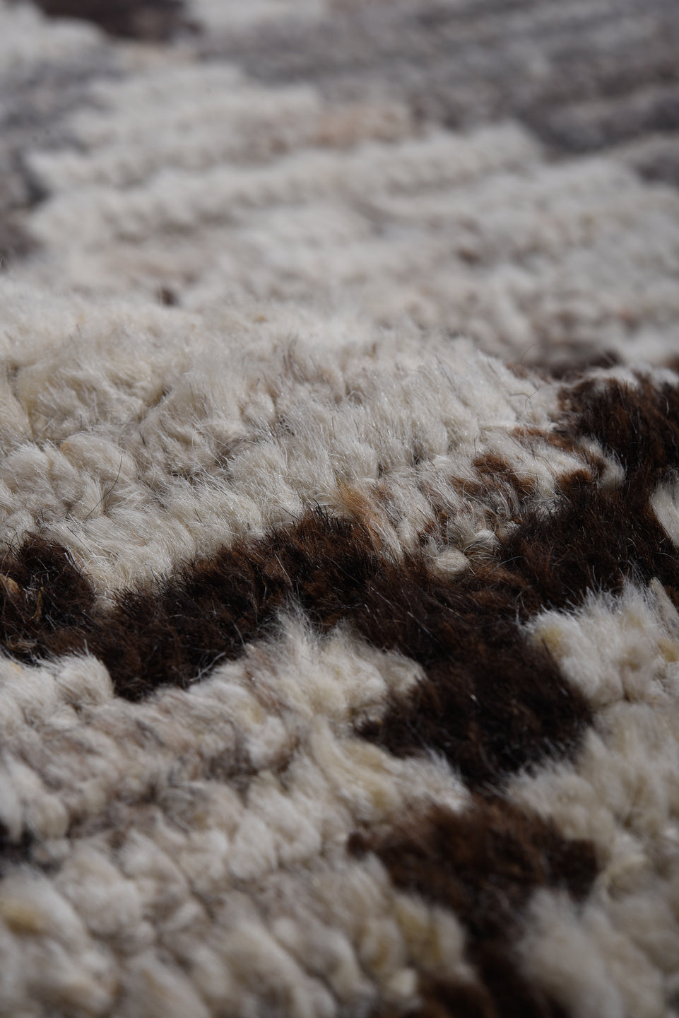 9' x 12' one-of-a-kind handmade vintage Tulu large size rug. Color palette: ivory, gray, brown, charcoal, taupe, black