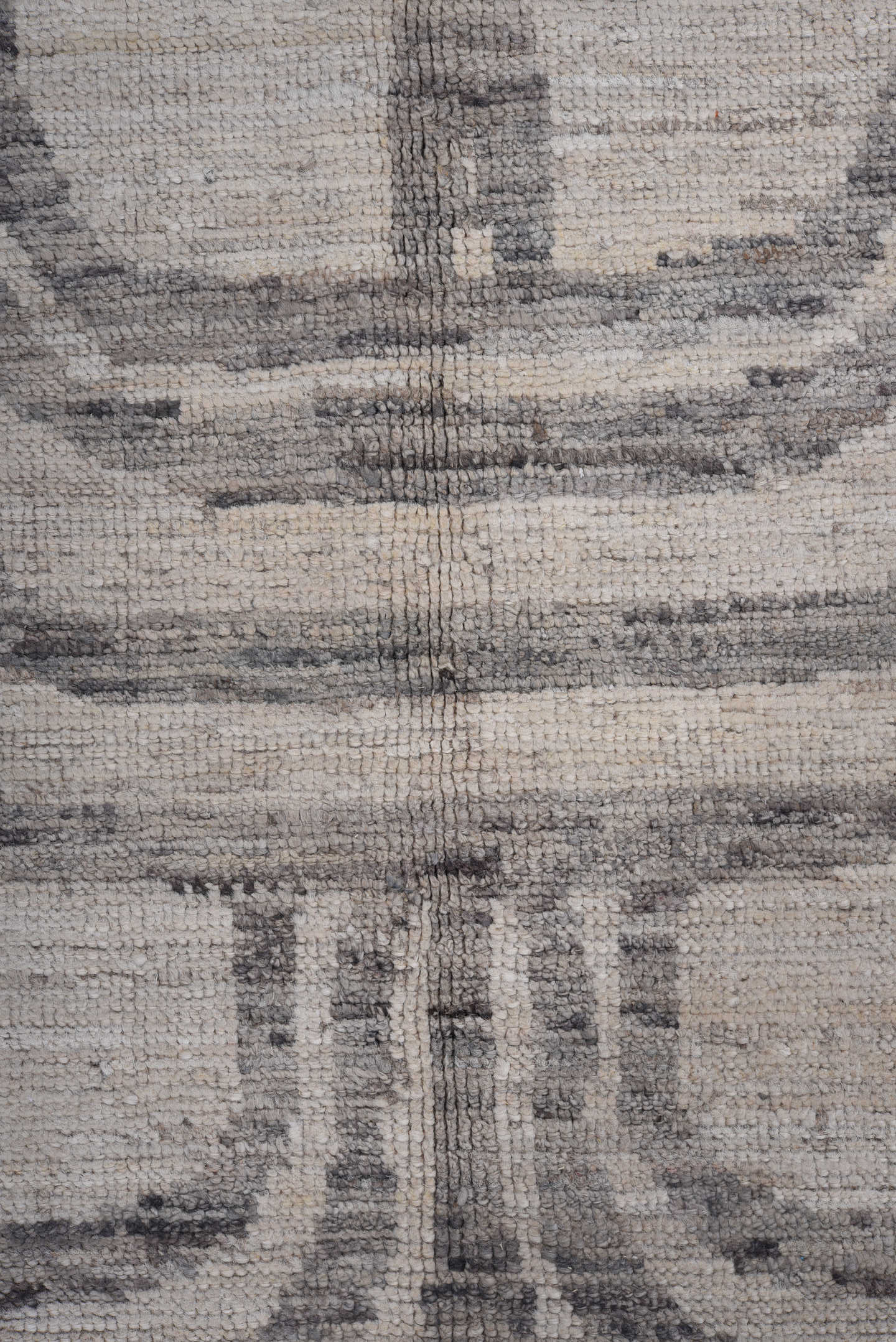 7' x 9' one-of-a-kind handmade vintage Tulu rug. Color palette: ivory, gray, charcoal, taupe, black, beige