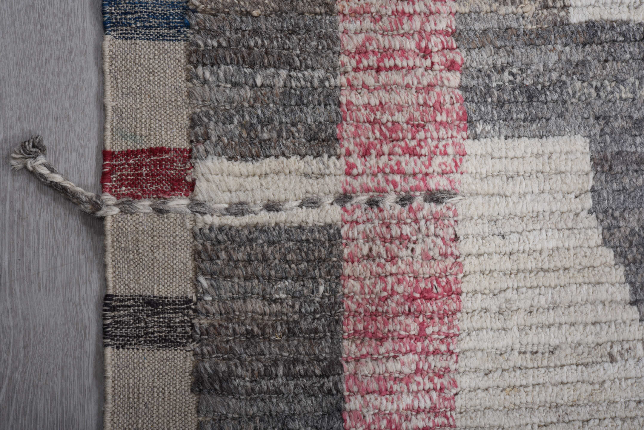10' x 14' one-of-a-kind handmade vintage Tulu oversize rug. Color palette: ivory, gray, charcoal, blush, taupe, ochre, black