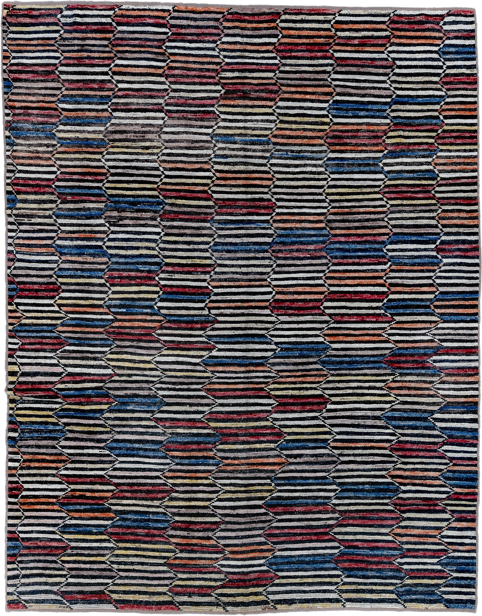 9' x 11' one-of-a-kind handmade vintage Tulu large size rug. Color palette: ivory, charcoal, indigo, crimson, rust, slate