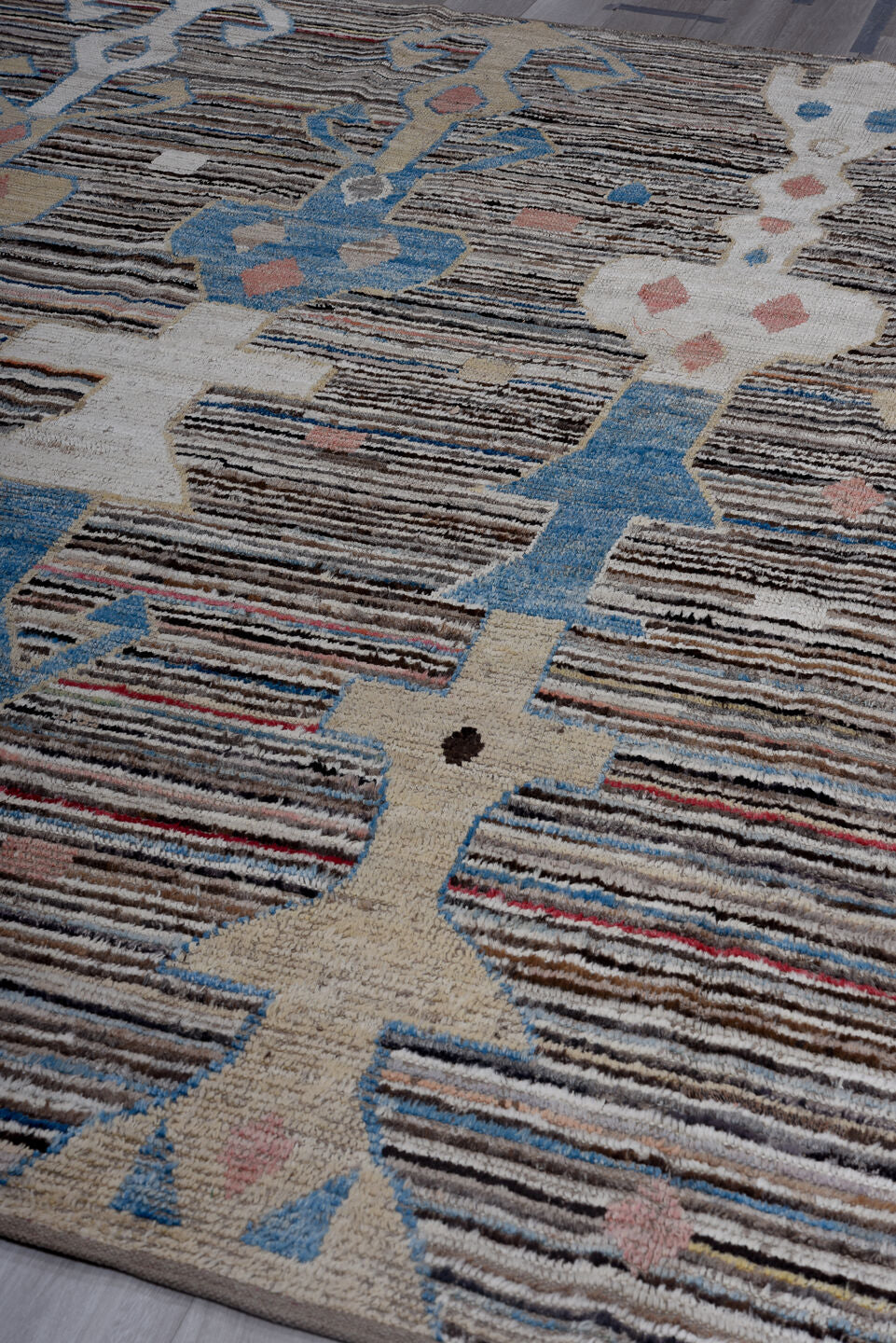8' x 11' one-of-a-kind handmade vintage Tulu large size rug. Color palette: brown, ivory, sky_blue, taupe, black, blush, red