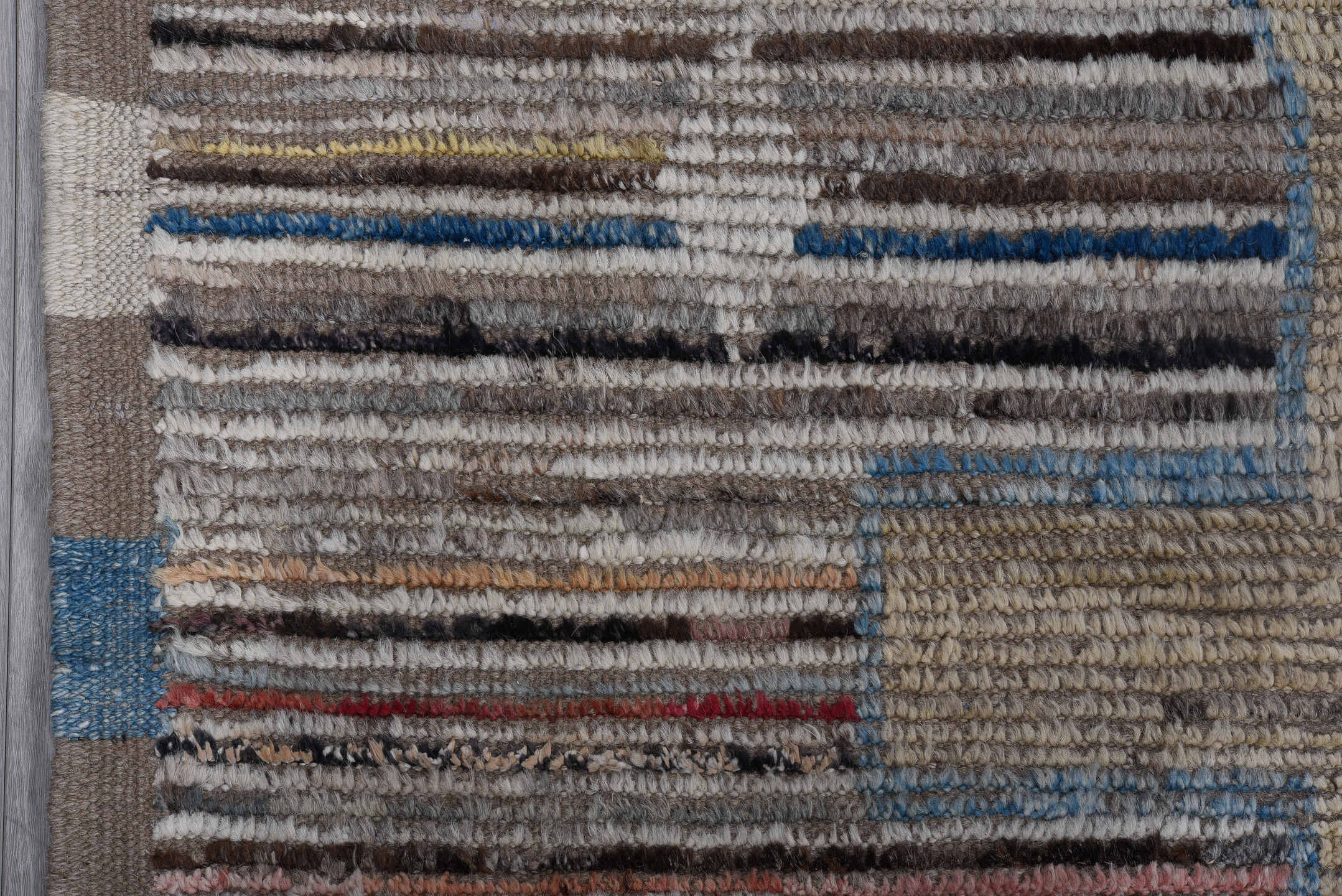 8' x 11' one-of-a-kind handmade vintage Tulu large size rug. Color palette: brown, ivory, sky_blue, taupe, black, blush, red