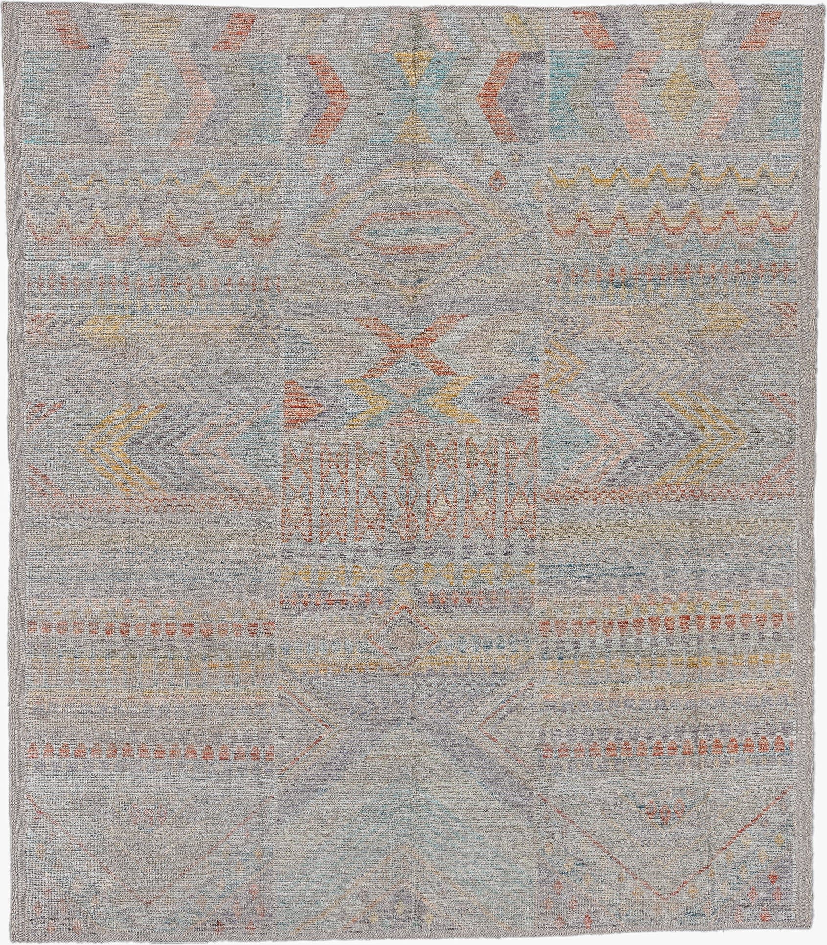 8' x 9' one-of-a-kind handmade vintage Tulu large size rug. Color palette: gray, ivory, sky_blue, peach, pale_yellow, taupe