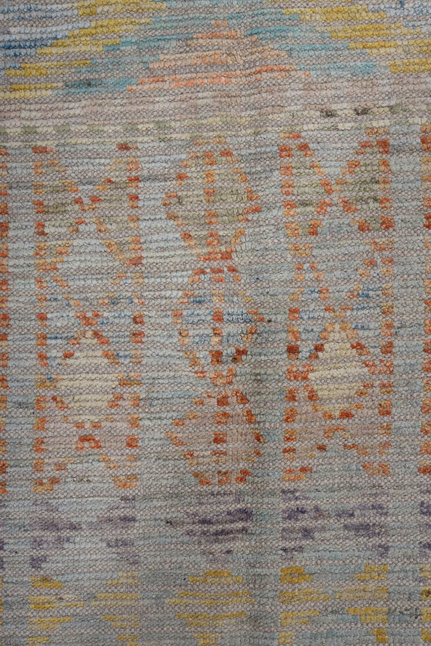 8' x 9' one-of-a-kind handmade vintage Tulu large size rug. Color palette: gray, ivory, sky_blue, peach, pale_yellow, taupe