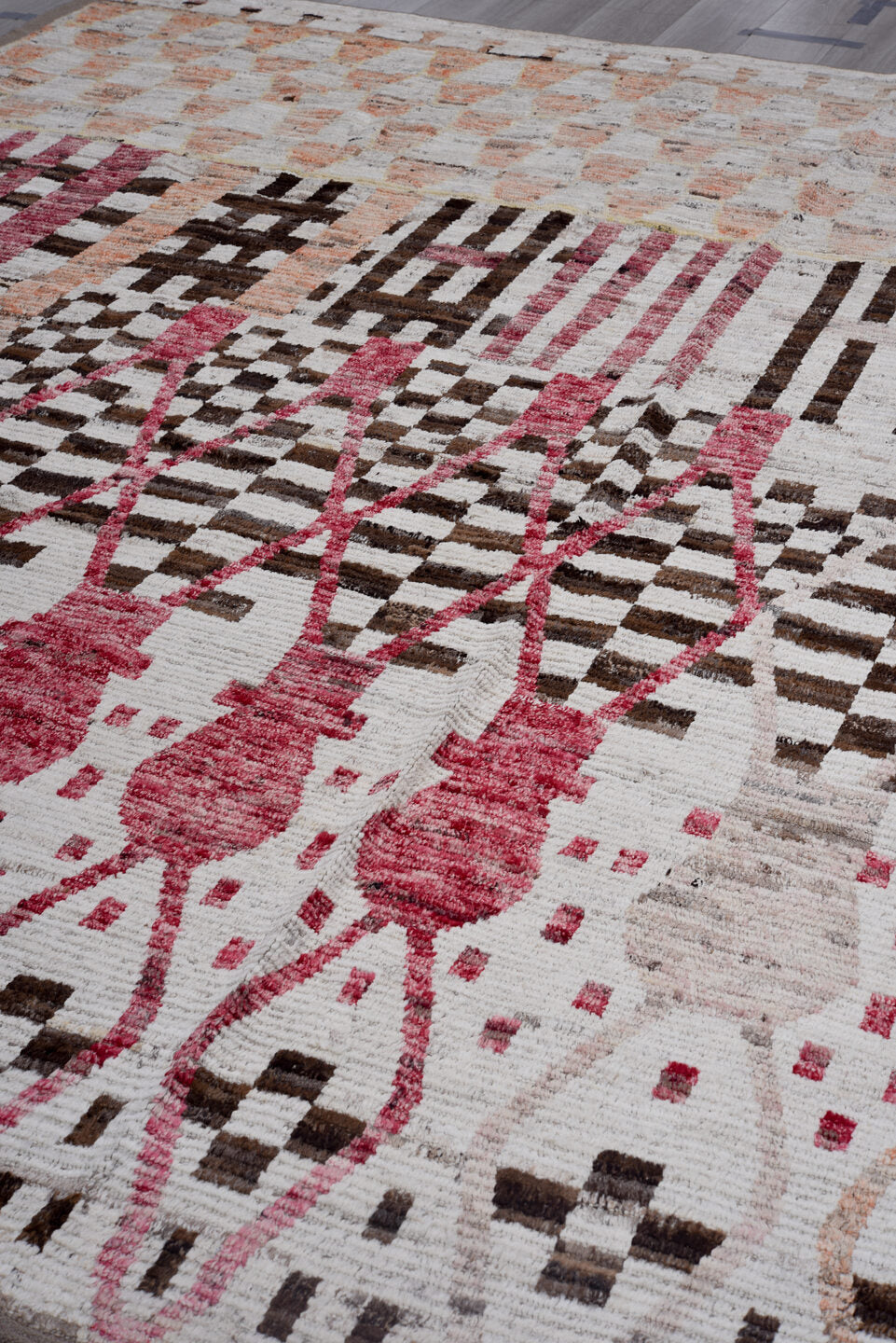 9' x 11' one-of-a-kind handmade vintage Tulu large size rug. Color palette: ivory, rose, brown, peach, taupe, charcoal, pink