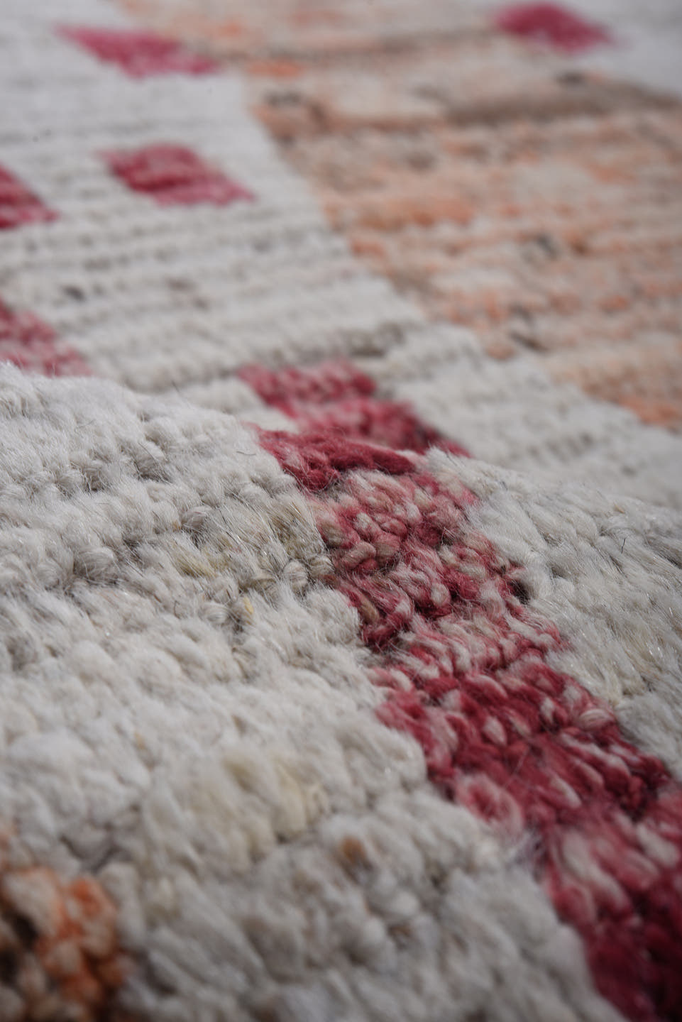 9' x 11' one-of-a-kind handmade vintage Tulu large size rug. Color palette: ivory, rose, brown, peach, taupe, charcoal, pink