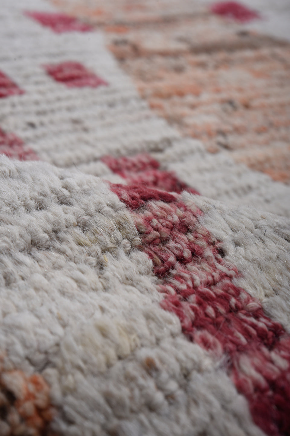 9' x 11' one-of-a-kind handmade vintage Tulu large size rug. Color palette: ivory, rose, brown, peach, taupe, charcoal, pink