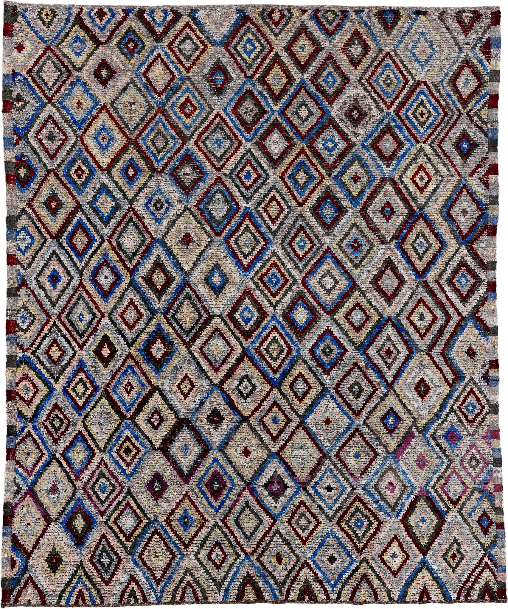9' x 11' one-of-a-kind handmade vintage Tulu large size rug. Color palette: ivory, gray, charcoal, cobalt, burgundy, rose