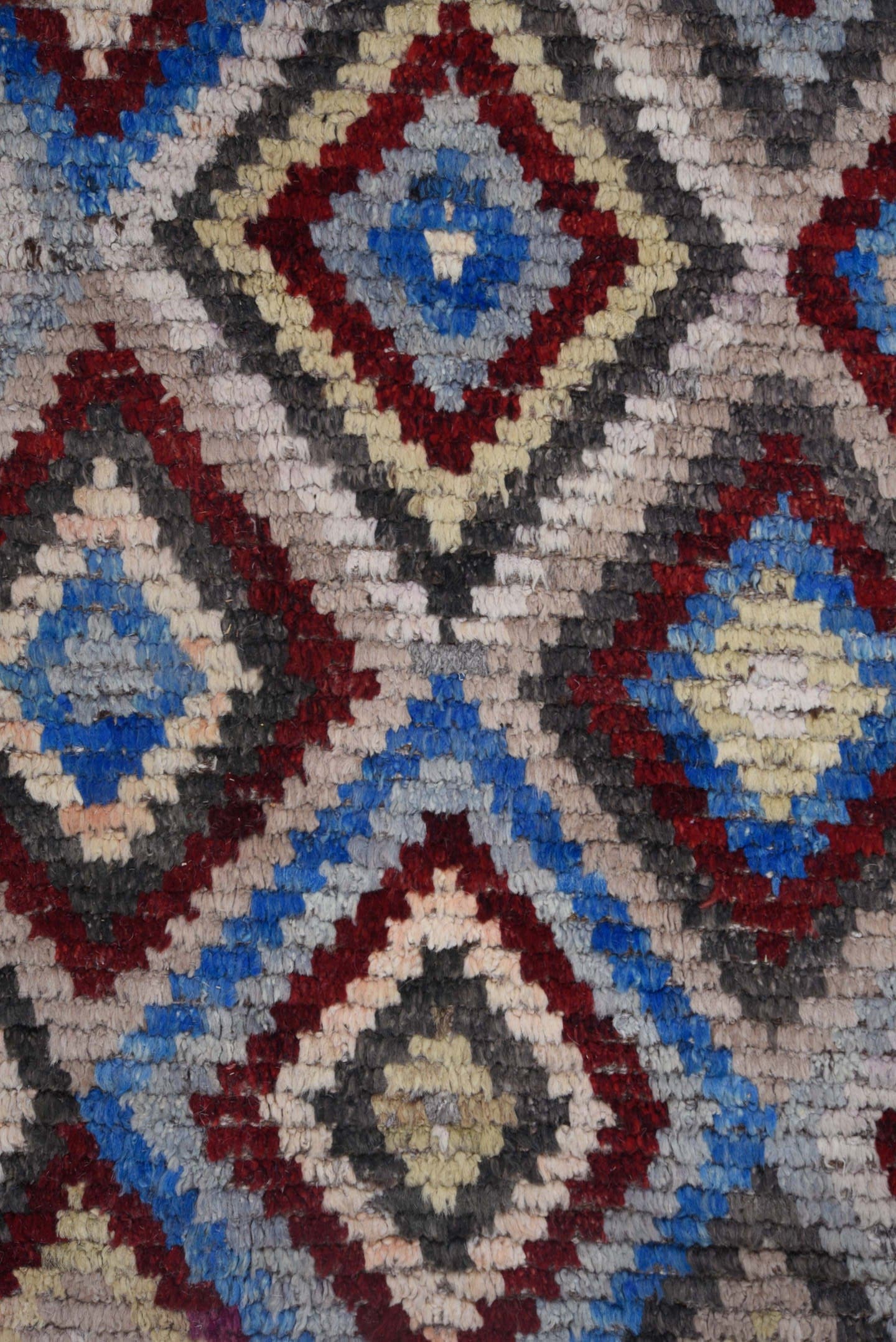 9' x 11' one-of-a-kind handmade vintage Tulu large size rug. Color palette: ivory, gray, charcoal, cobalt, burgundy, rose
