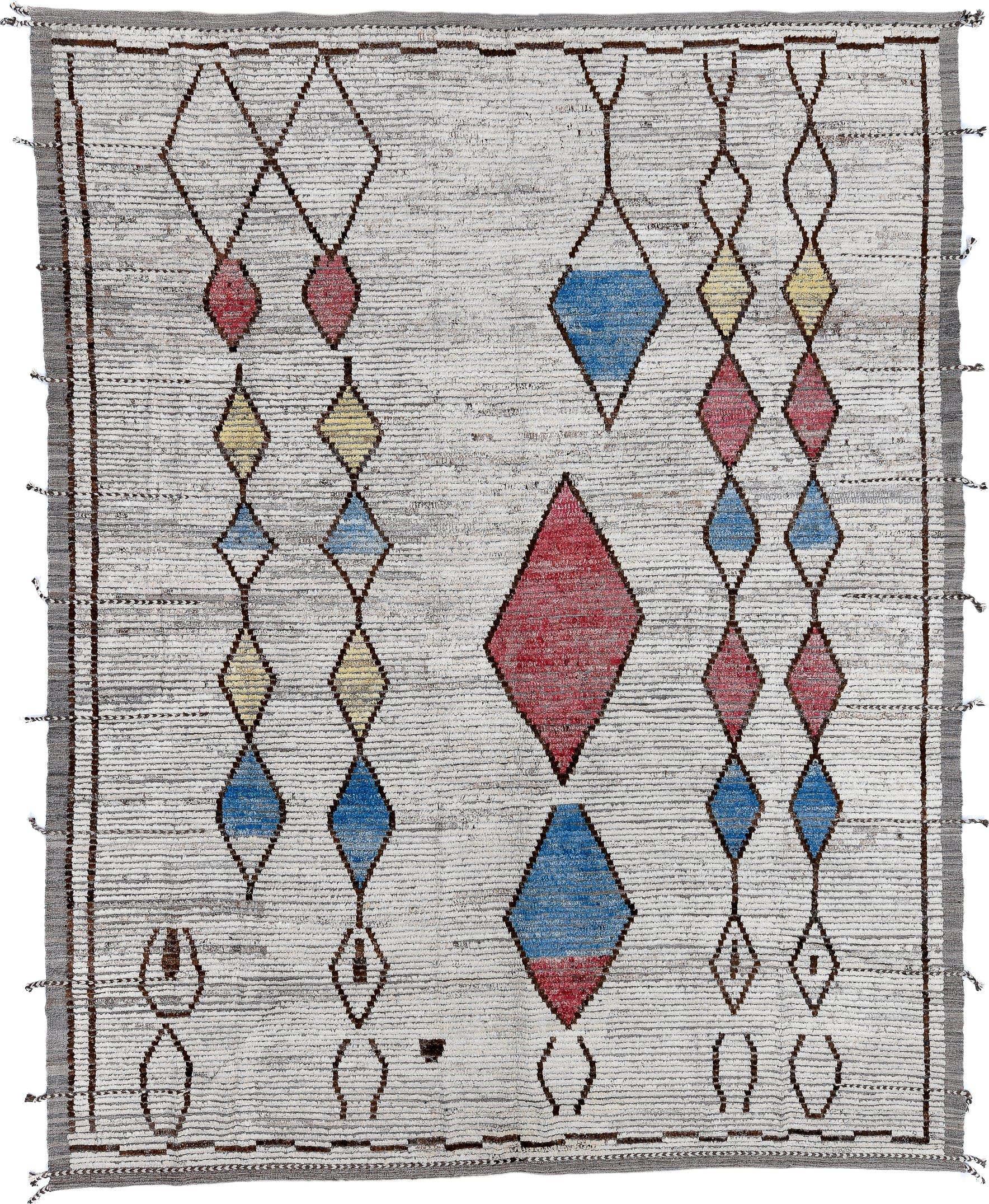 10' x 12' one-of-a-kind handmade vintage Tulu large size rug. Color palette: ivory, brown, gray, rose, sky blue, gold, pink