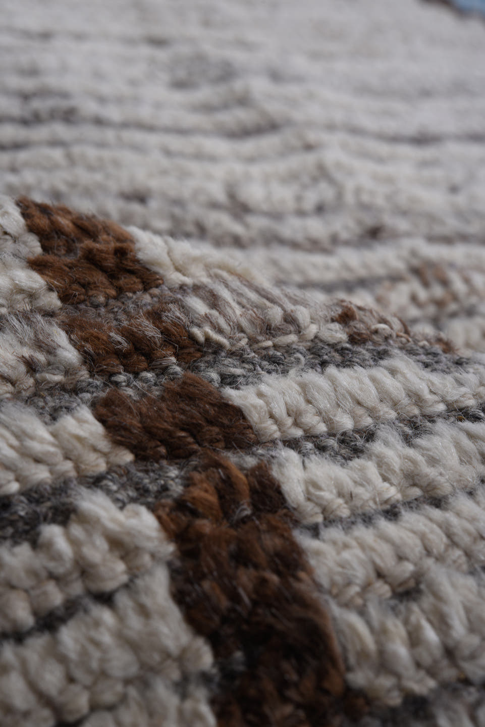 10' x 12' one-of-a-kind handmade vintage Tulu large size rug. Color palette: ivory, brown, gray, rose, sky blue, gold, pink