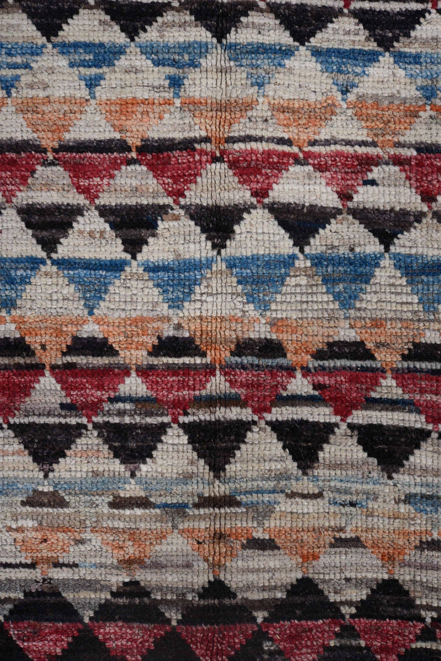 8' x 11' one-of-a-kind handmade vintage Tulu large size rug. Color palette: ivory, charcoal, crimson, sky blue, peach, slate