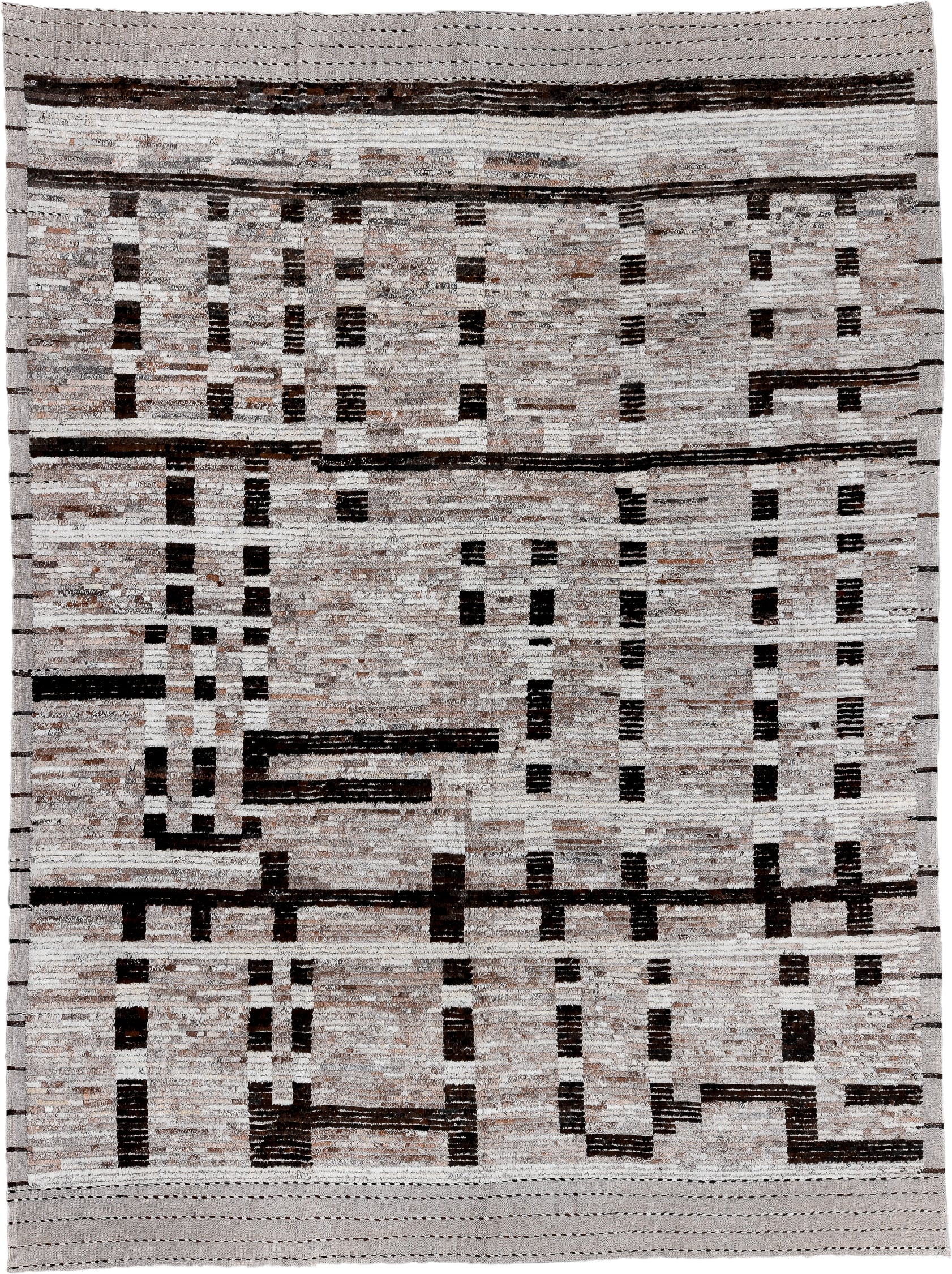 10' x 13' one-of-a-kind handmade vintage Tulu large size rug. Color palette: ivory, taupe, charcoal, brown, cream, greige