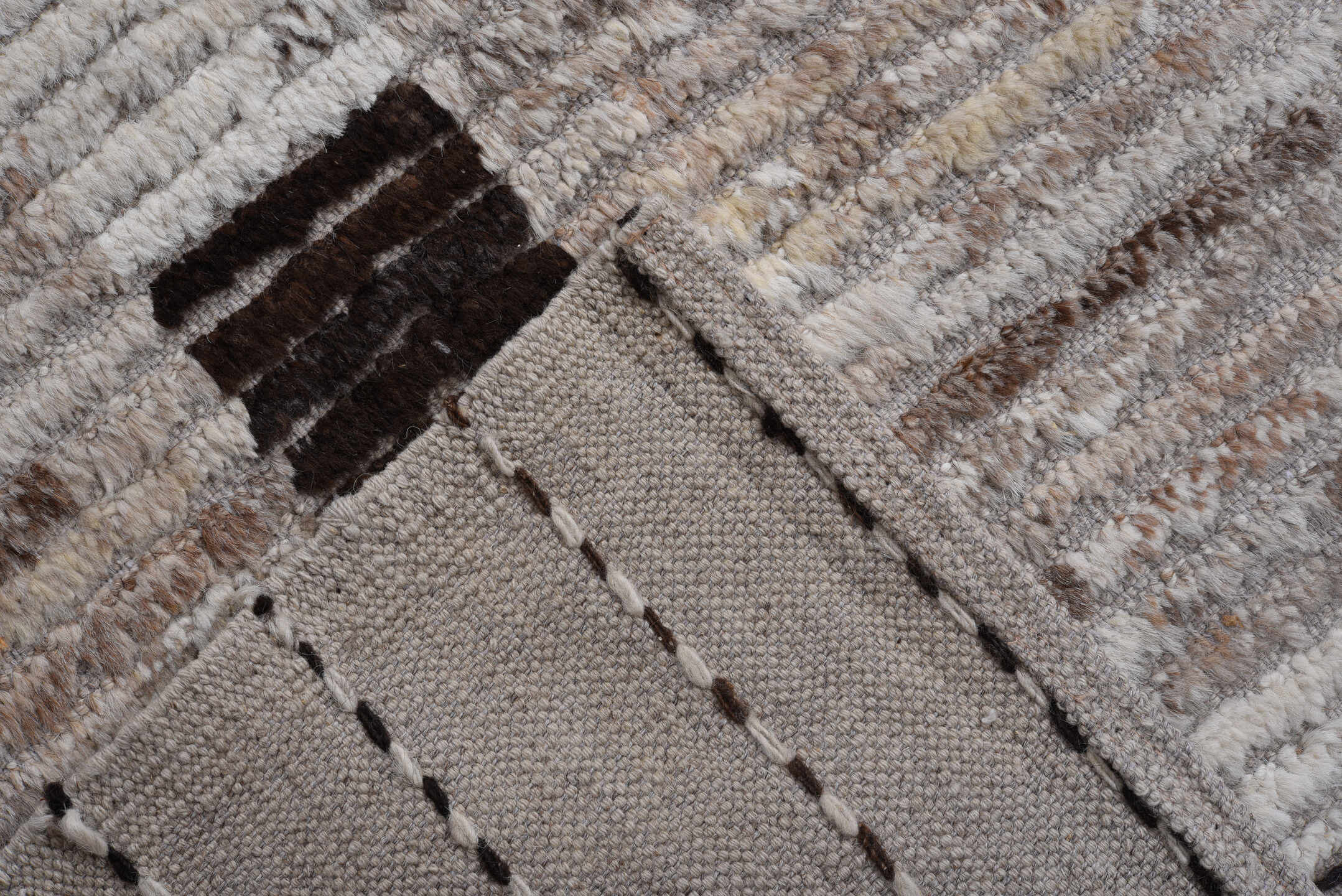 10' x 13' one-of-a-kind handmade vintage Tulu large size rug. Color palette: ivory, taupe, charcoal, brown, cream, greige