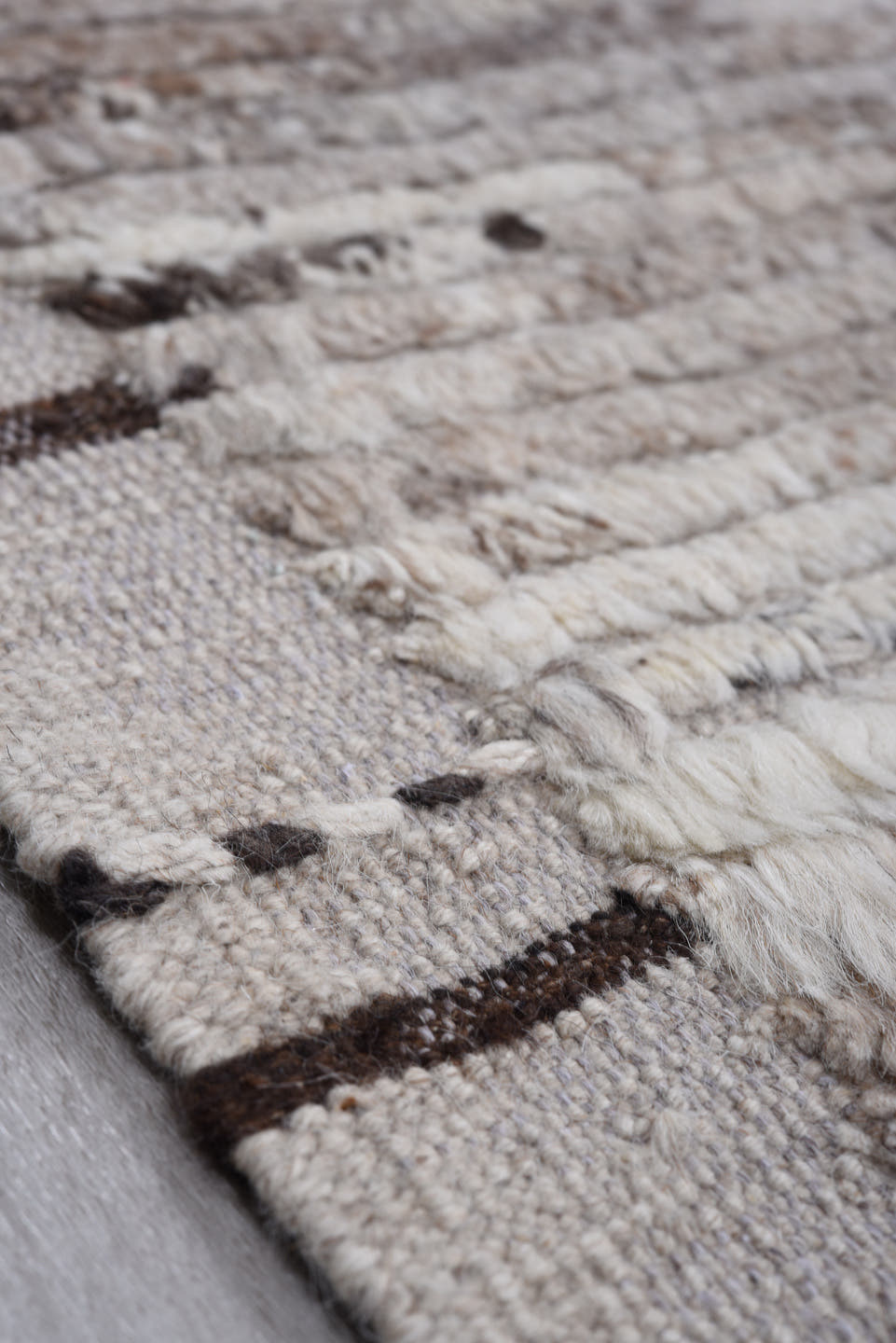 10' x 13' one-of-a-kind handmade vintage Tulu large size rug. Color palette: ivory, taupe, charcoal, brown, cream, greige