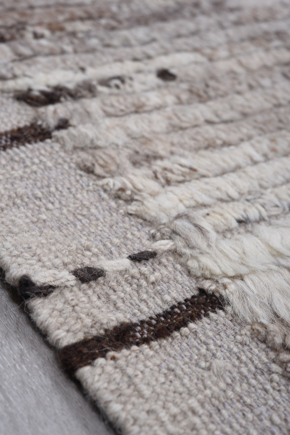 10' x 13' one-of-a-kind handmade vintage Tulu large size rug. Color palette: ivory, taupe, charcoal, brown, cream, greige