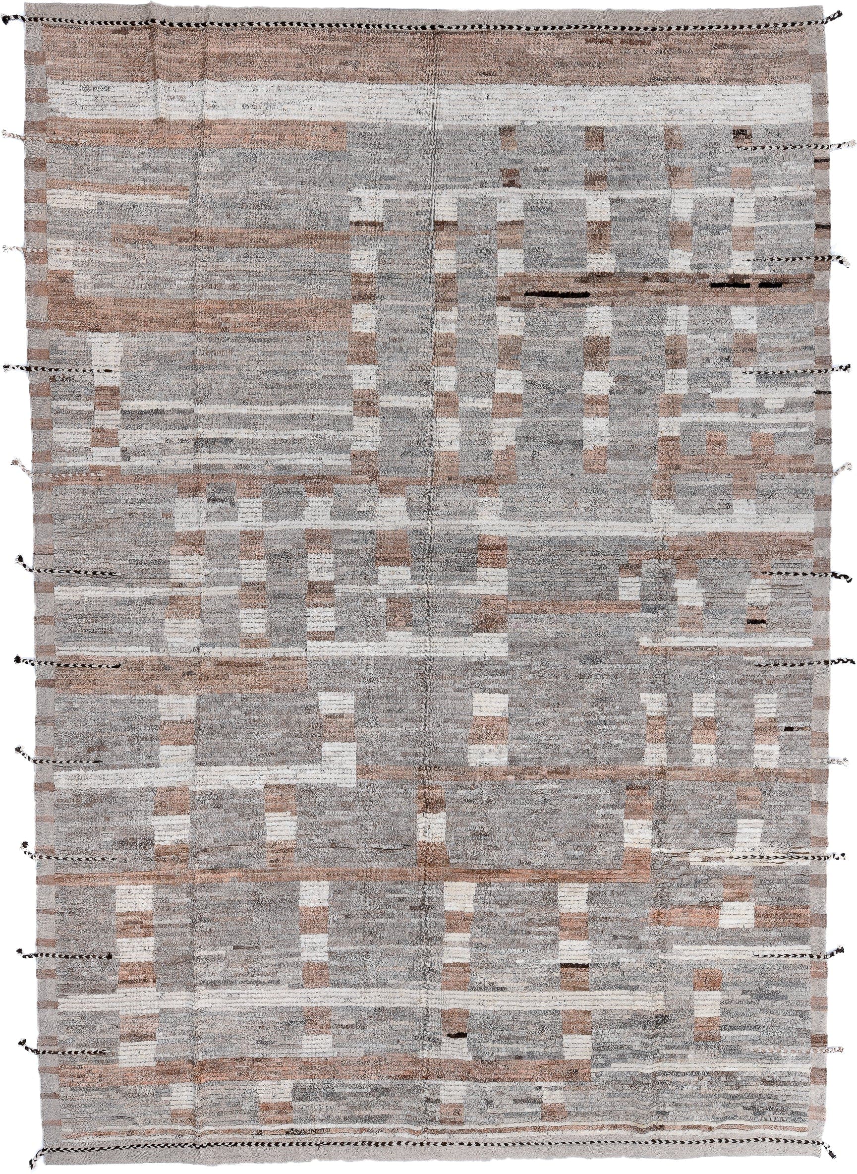 10' x 14' one-of-a-kind handmade vintage Tulu large size rug. Color palette: gray, ivory, taupe, camel, charcoal, beige