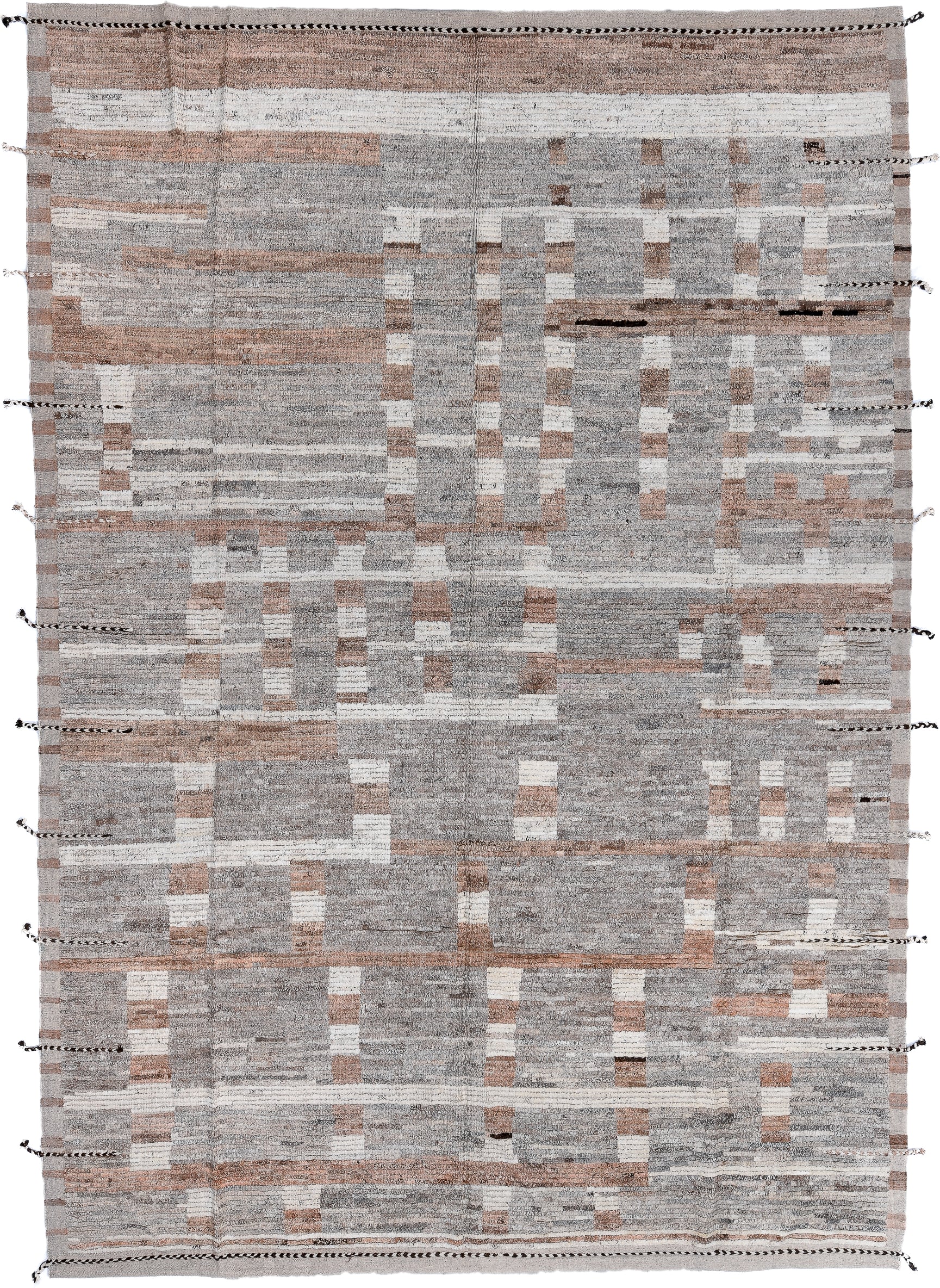 10' x 14' one-of-a-kind handmade vintage Tulu large size rug. Color palette: gray, ivory, taupe, camel, charcoal, beige