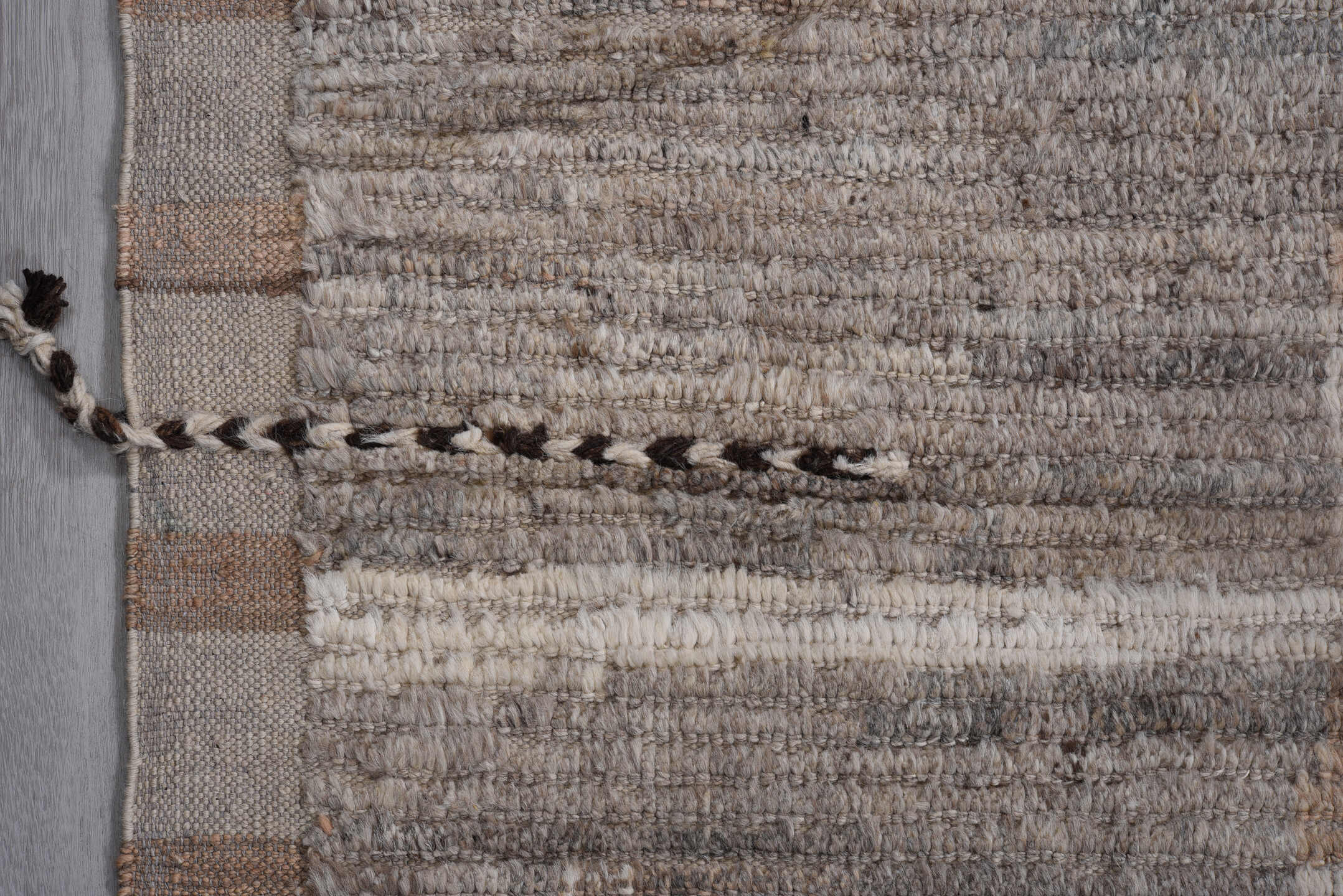 10' x 14' one-of-a-kind handmade vintage Tulu large size rug. Color palette: black, dim gray, gray, light gray, off-white