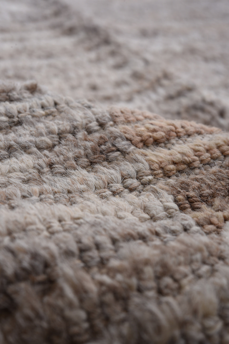 10' x 14' one-of-a-kind handmade vintage Tulu large size rug. Color palette: gray, ivory, taupe, camel, charcoal, beige