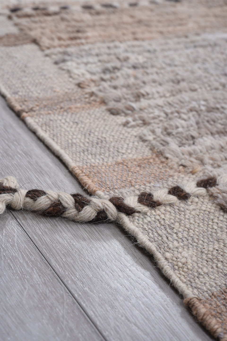 10' x 14' one-of-a-kind handmade vintage Tulu large size rug. Color palette: black, dim gray, gray, light gray, off-white