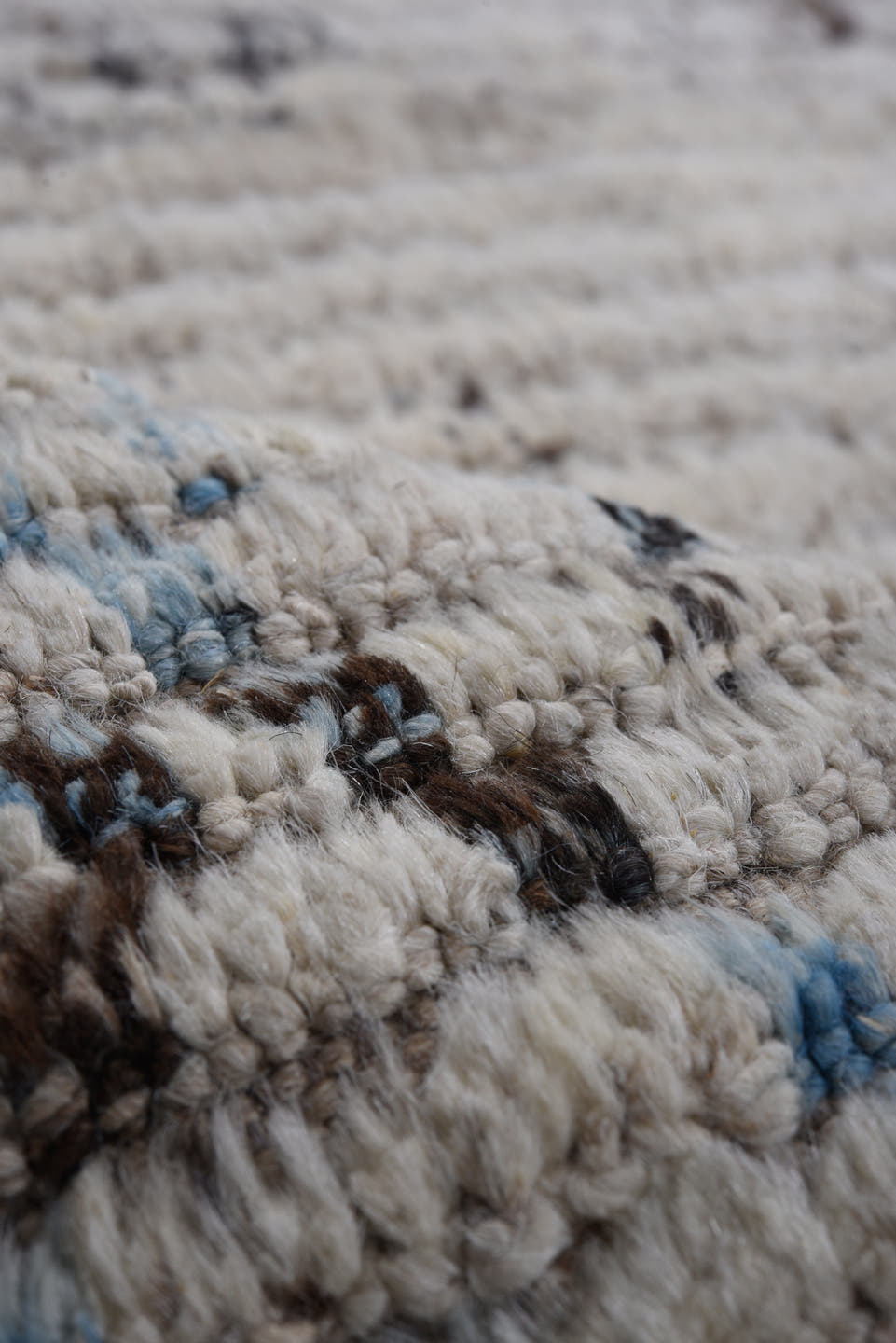 9' x 11' one-of-a-kind handmade vintage Tulu large size rug. Color palette: ivory, blue, gray, charcoal, slate, black