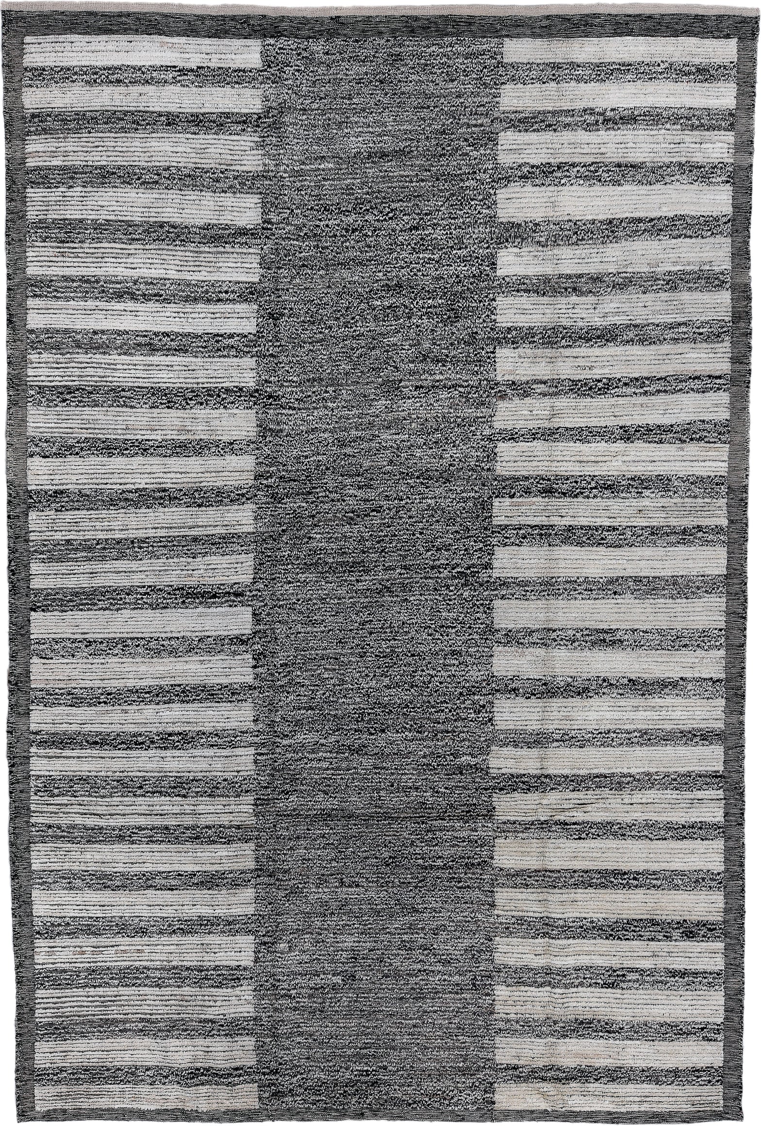7' x 11' one-of-a-kind handmade vintage Tulu large size rug. Color palette: charcoal, ivory, gray, black