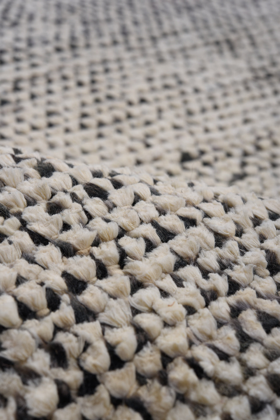 6' x 8' one-of-a-kind handmade vintage Tulu medium size rug. Color palette: ivory, charcoal, gray, cream, taupe, black