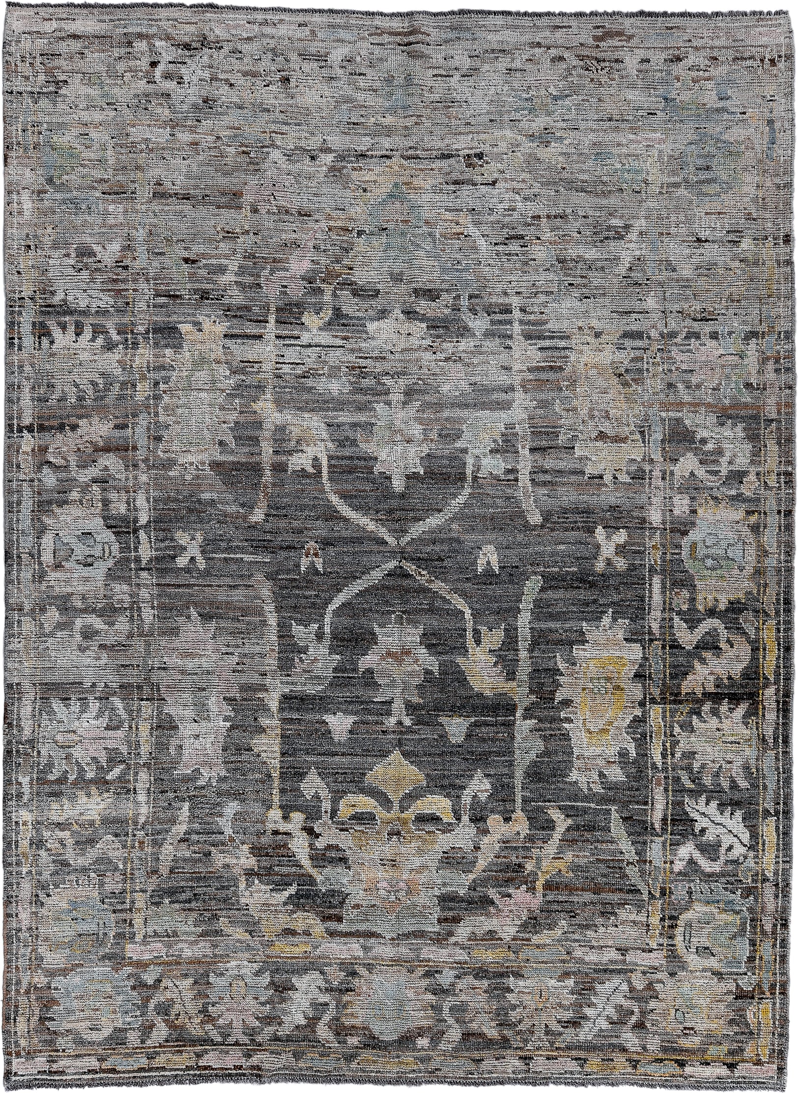 6' x 9' one-of-a-kind handmade vintage Tulu medium size rug. Color palette: charcoal, ivory, gray, taupe, gold, sage, rose