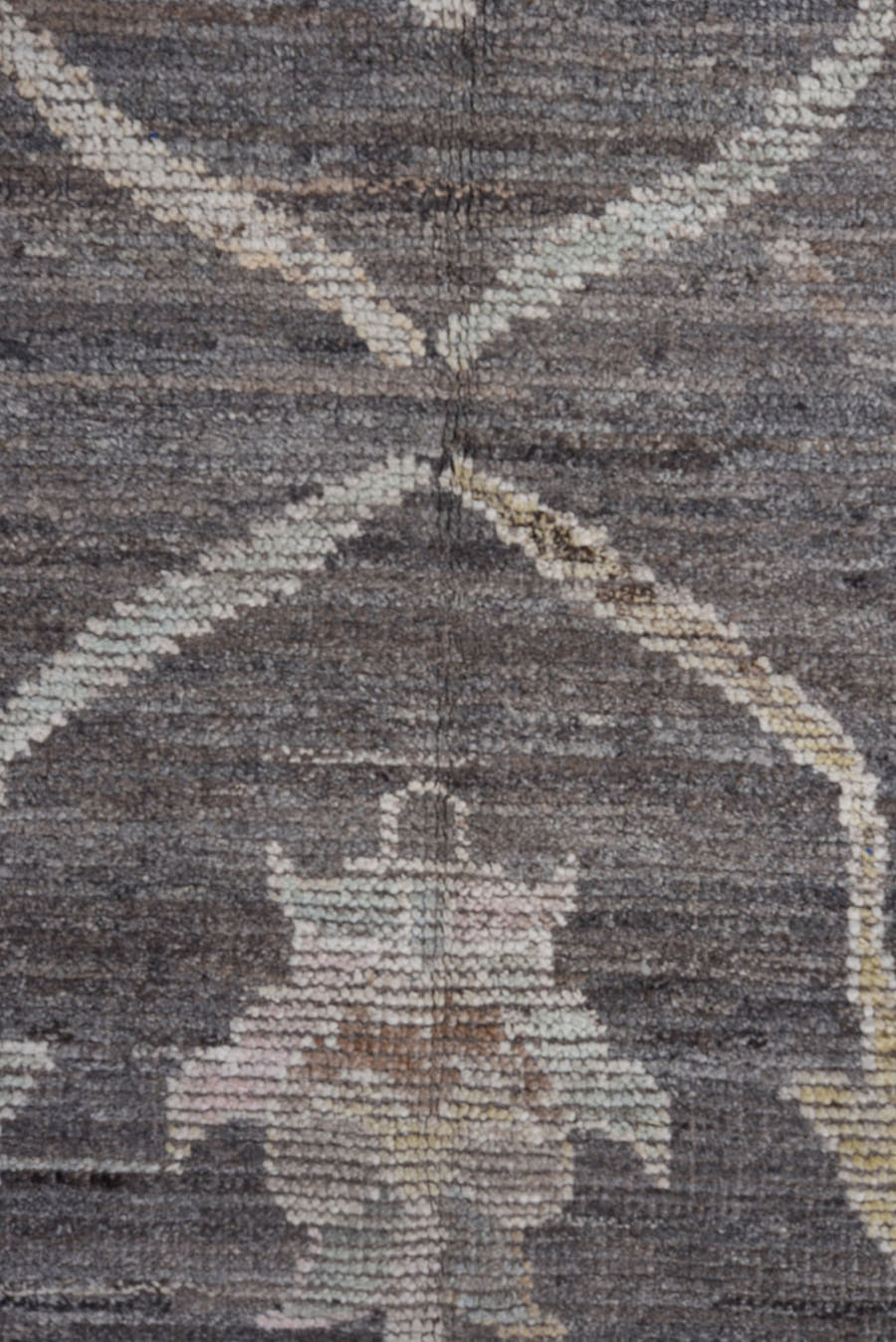 6' x 9' one-of-a-kind handmade vintage Tulu medium size rug. Color palette: charcoal, ivory, gray, taupe, gold, sage, rose