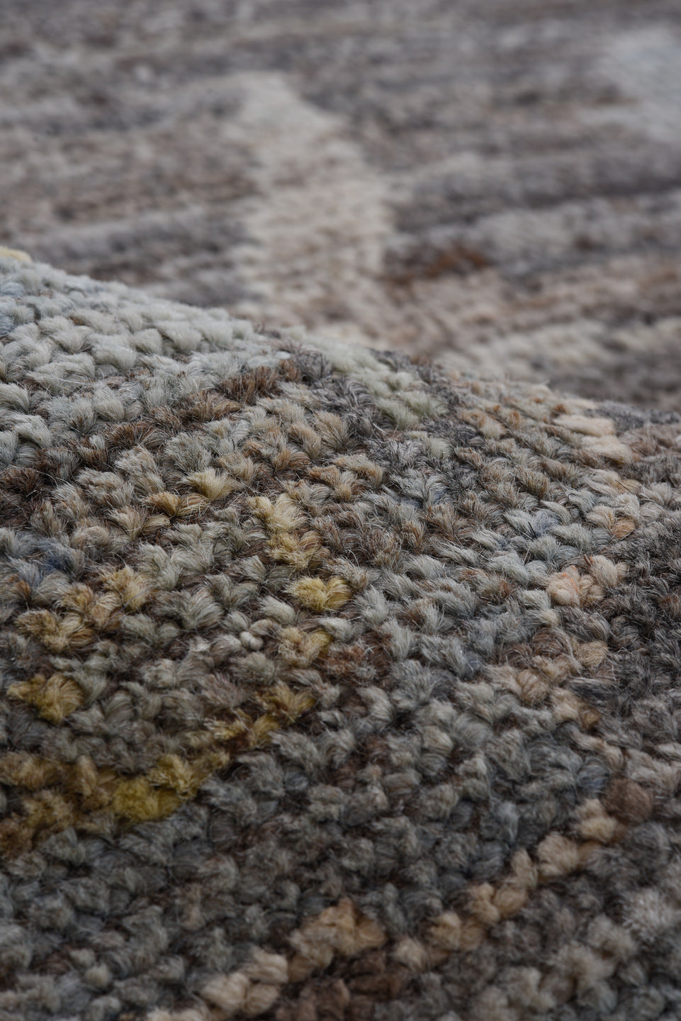 6' x 9' one-of-a-kind handmade vintage Tulu medium size rug. Color palette: charcoal, ivory, gray, taupe, gold, sage, rose