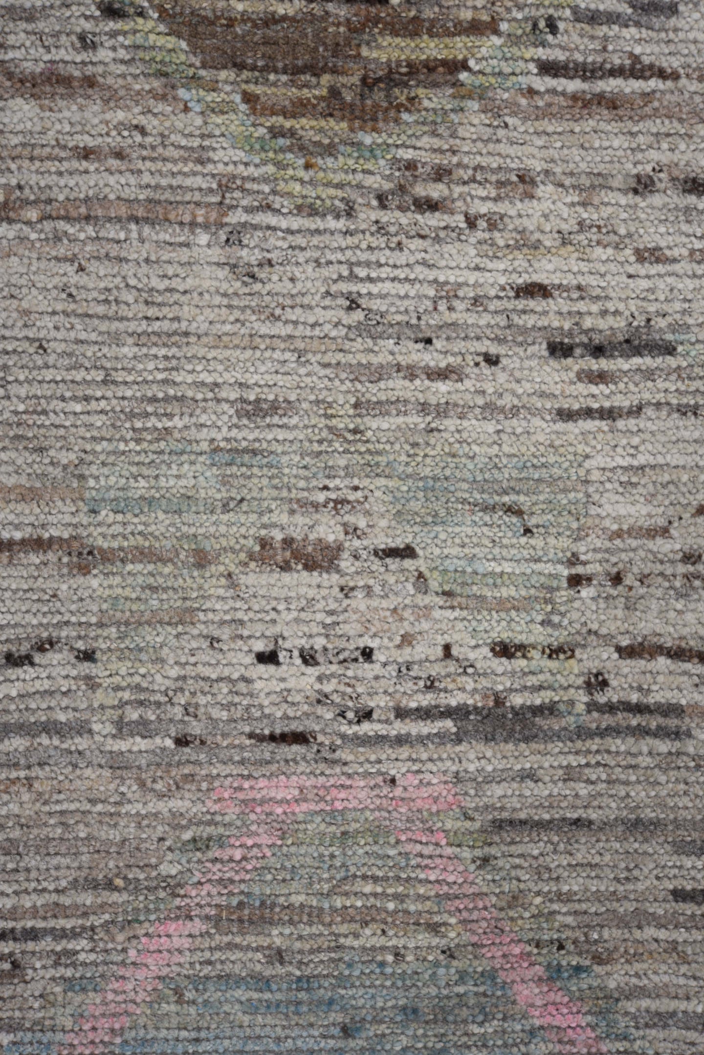 7' x 9' one-of-a-kind handmade vintage Tulu rug. Color palette: ivory, taupe, brown, blush, sage, camel, gray, beige, pink