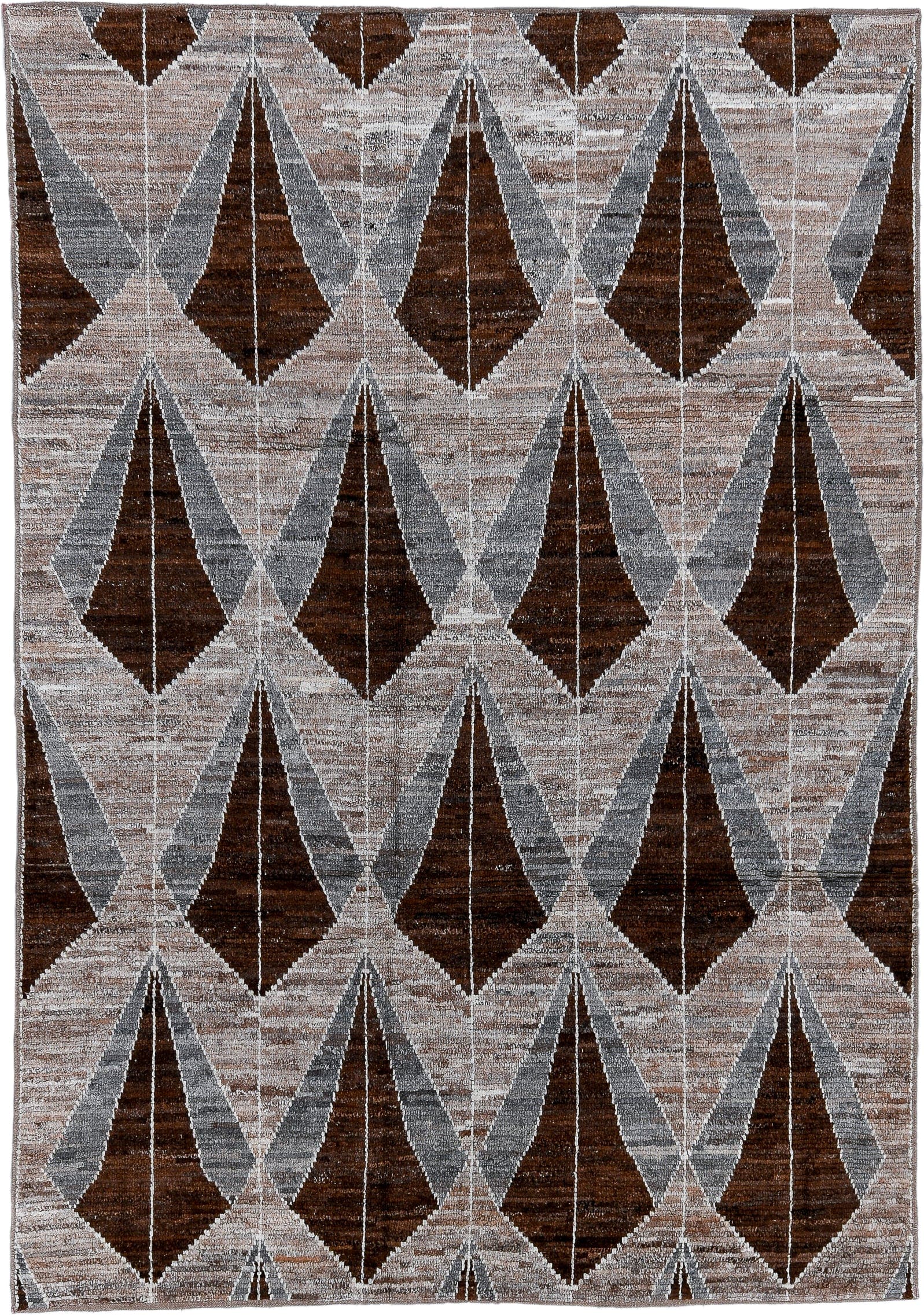 6' x 8' one-of-a-kind handmade vintage Tulu medium size rug. Color palette: taupe, brown, gray, ivory, charcoal, beige