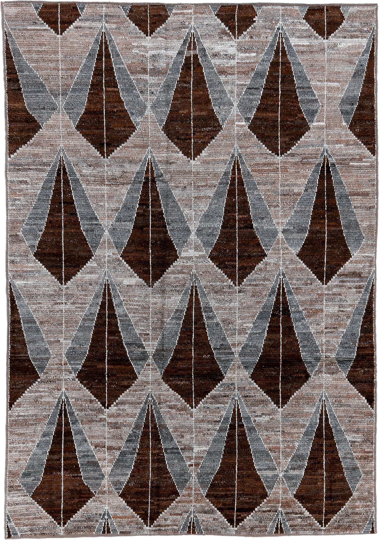 6' x 8' one-of-a-kind handmade vintage Tulu medium size rug. Color palette: taupe, brown, gray, ivory, charcoal, beige