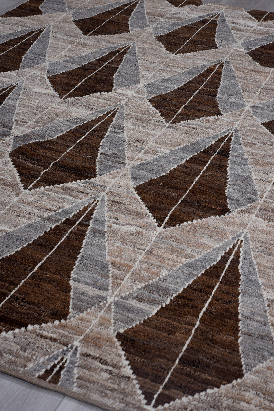 6' x 8' one-of-a-kind handmade vintage Tulu medium size rug. Color palette: taupe, brown, gray, ivory, charcoal, beige