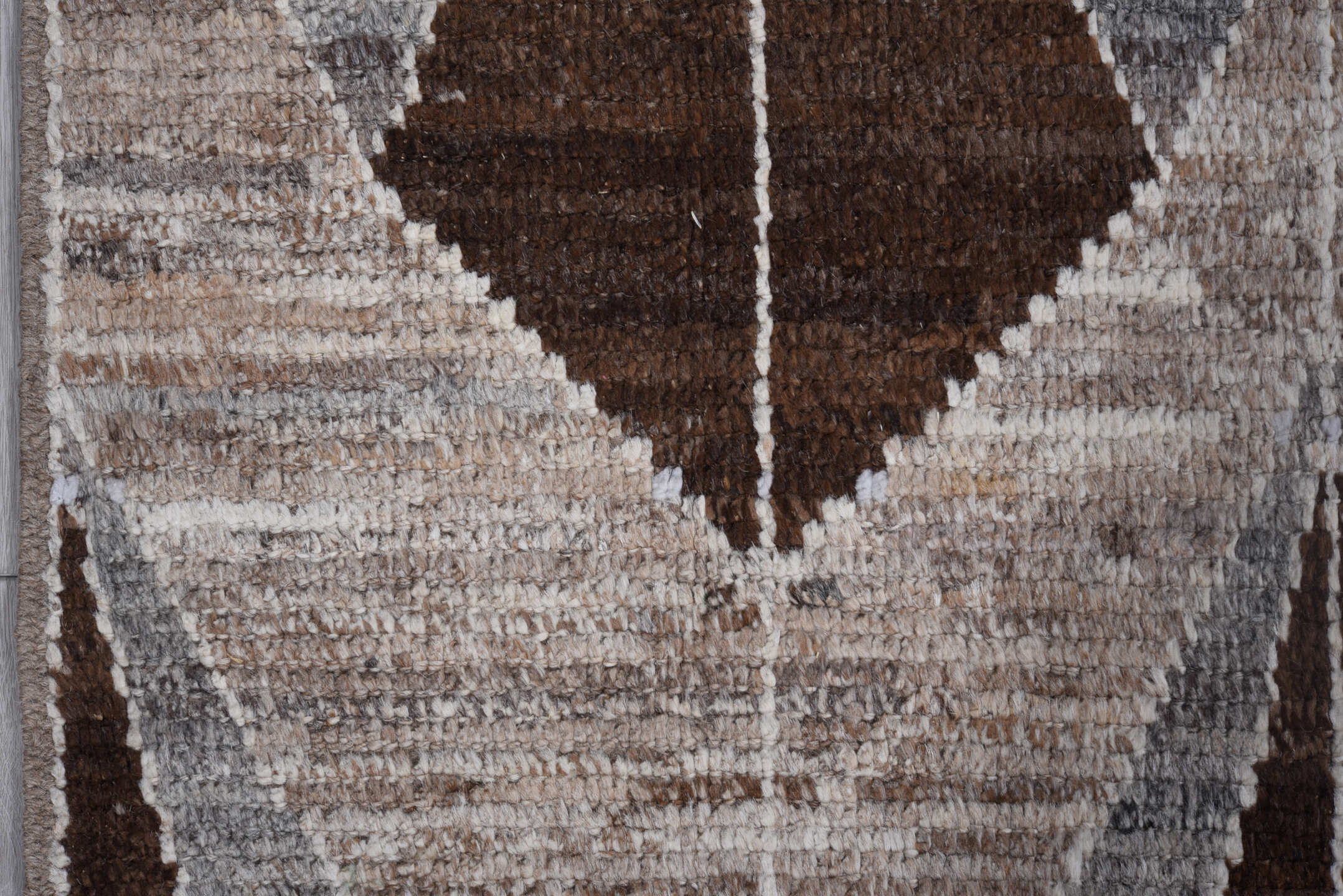 6' x 8' one-of-a-kind handmade vintage Tulu medium size rug. Color palette: taupe, brown, gray, ivory, charcoal, beige