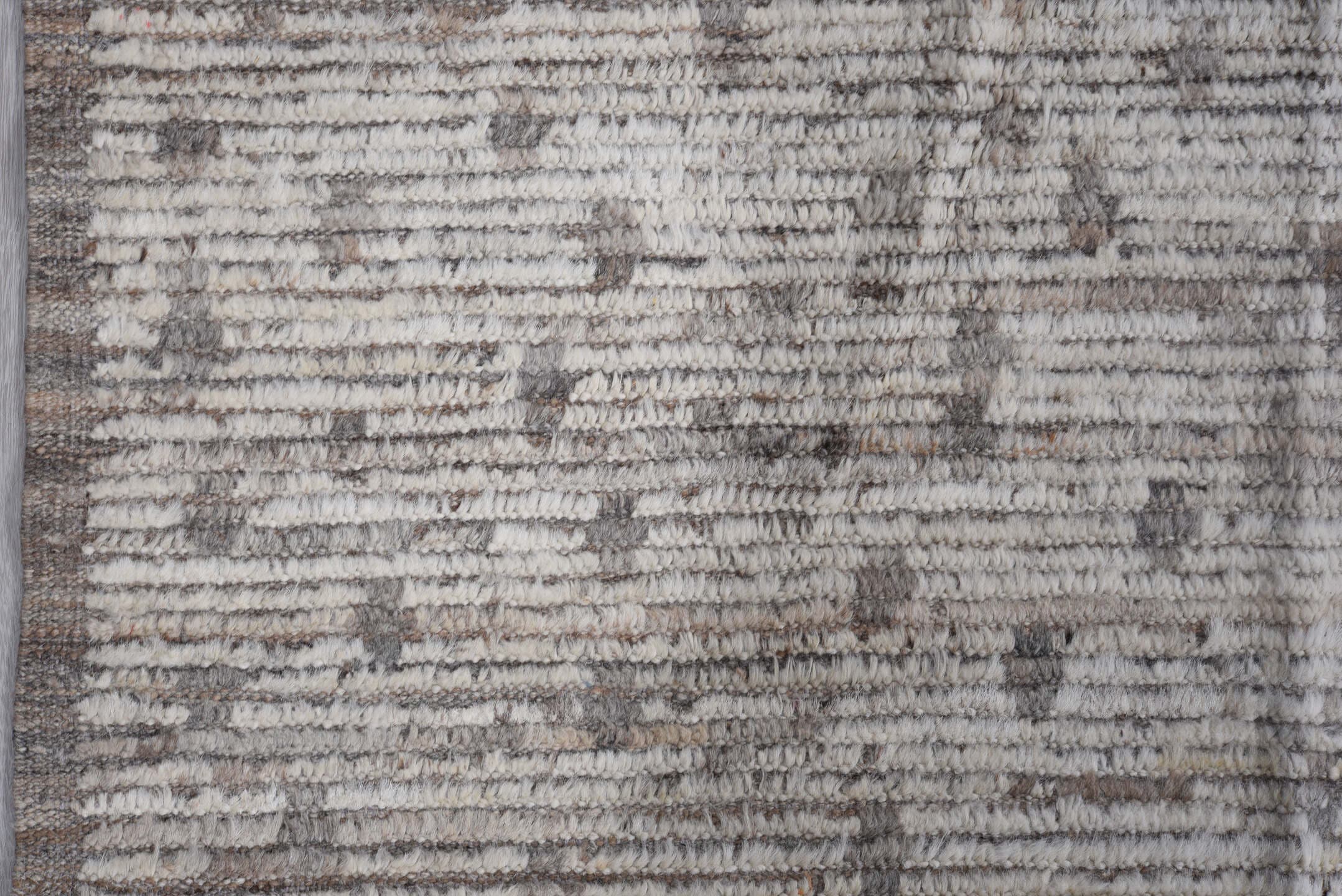 9' x 11' one-of-a-kind handmade vintage Tulu large size rug. Color palette: ivory, taupe, brown, gray, beige