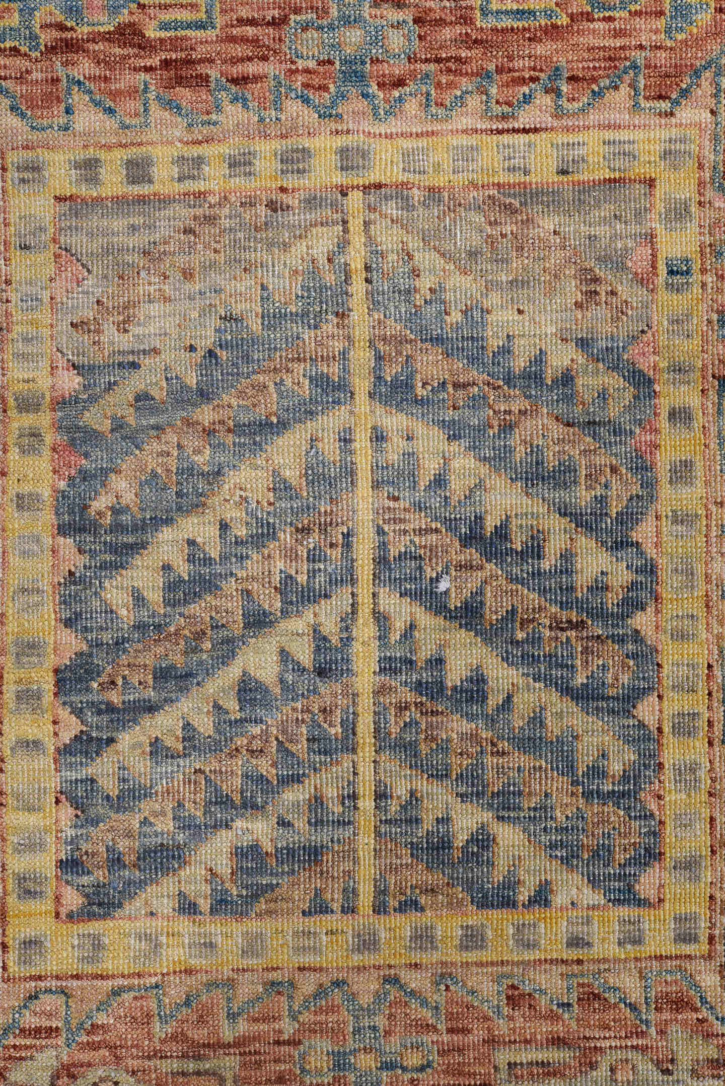 9' x 11' one-of-a-kind handmade vintage Afghan large size rug. Color palette: rust, ivory, sky blue, gold, rose, taupe