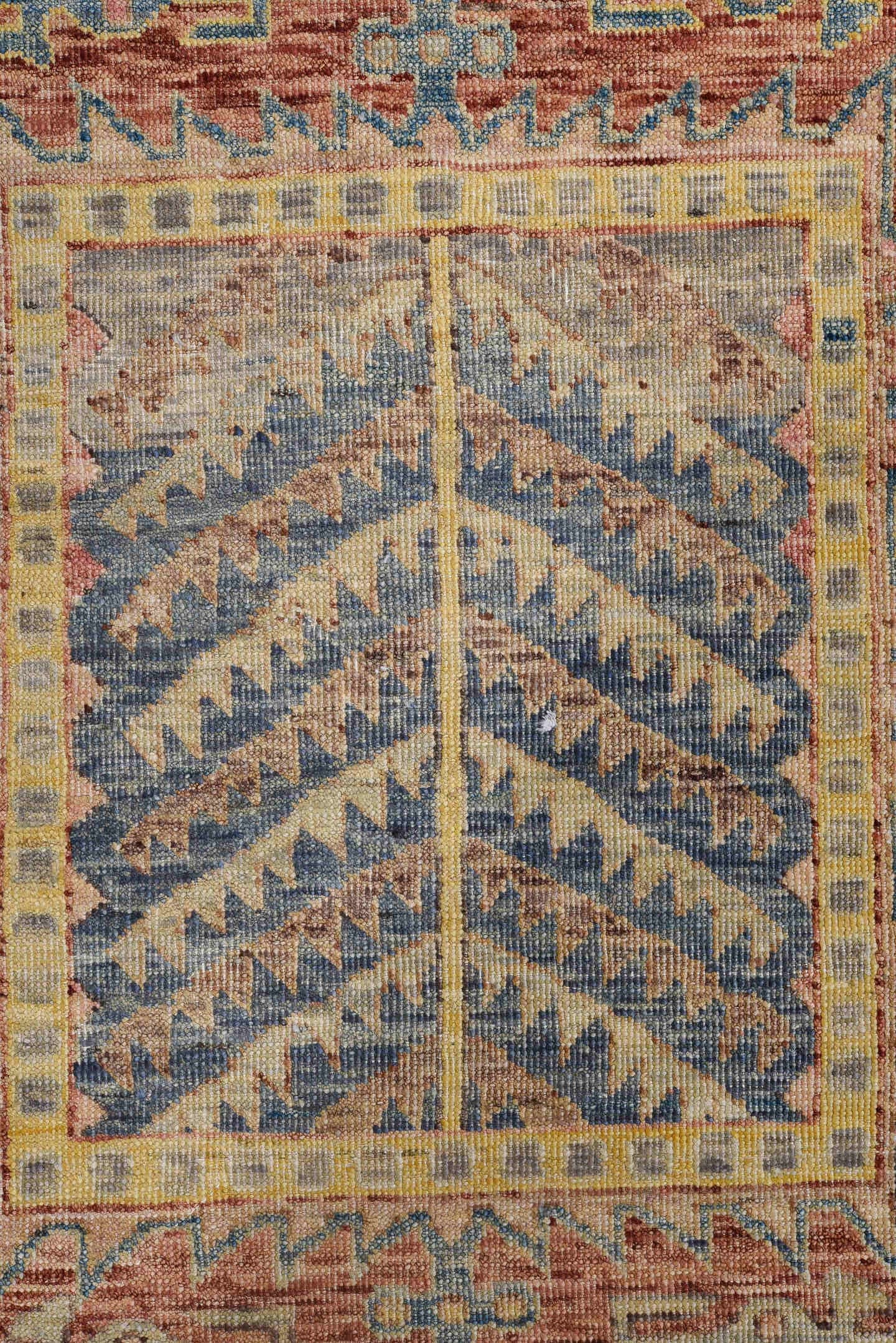9' x 11' one-of-a-kind handmade vintage Afghan large size rug. Color palette: rust, ivory, sky blue, gold, rose, taupe
