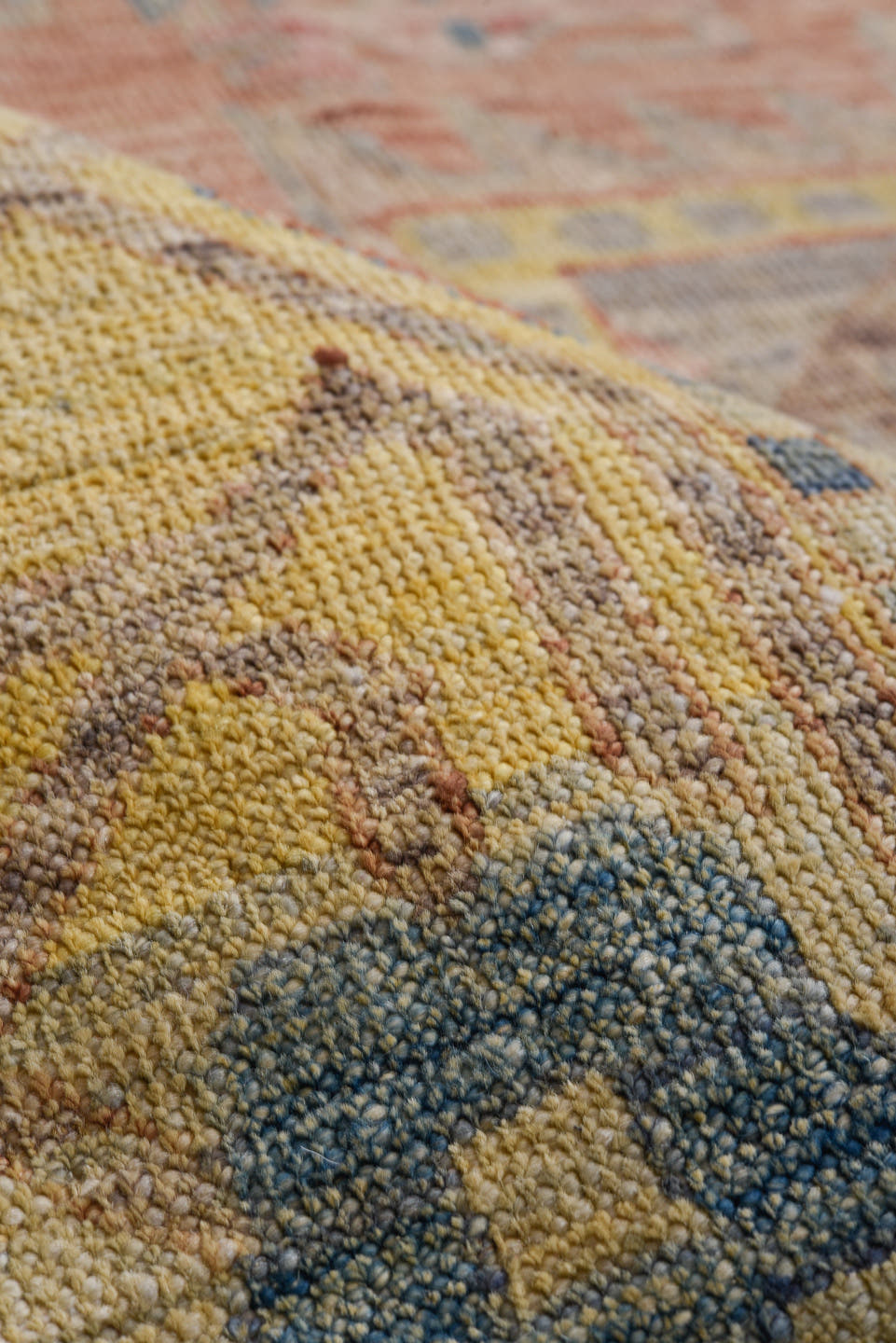 9' x 11' one-of-a-kind handmade vintage Afghan large size rug. Color palette: rust, ivory, sky blue, gold, rose, taupe
