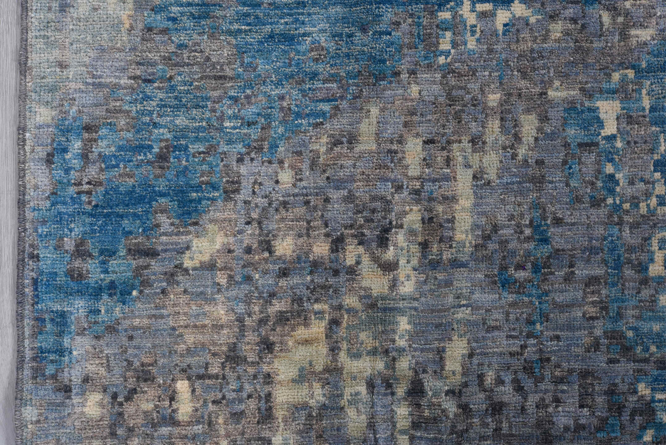9' x 12' one-of-a-kind handmade vintage Afghan large size rug. Color palette: gray, blue, ivory, charcoal, slate, taupe
