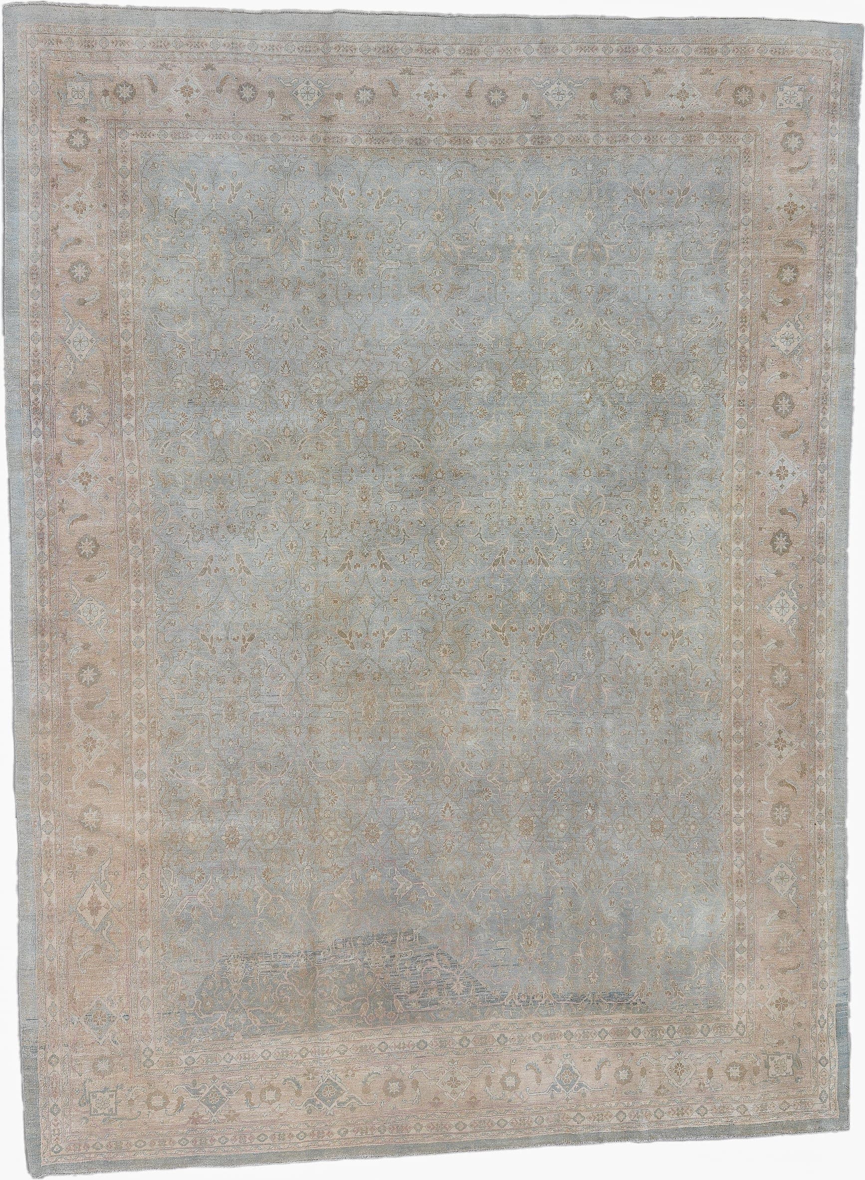 8' x 11' one-of-a-kind handmade vintage Afghan large size rug. Color palette: pale blue, blush, ivory, taupe, sage, beige