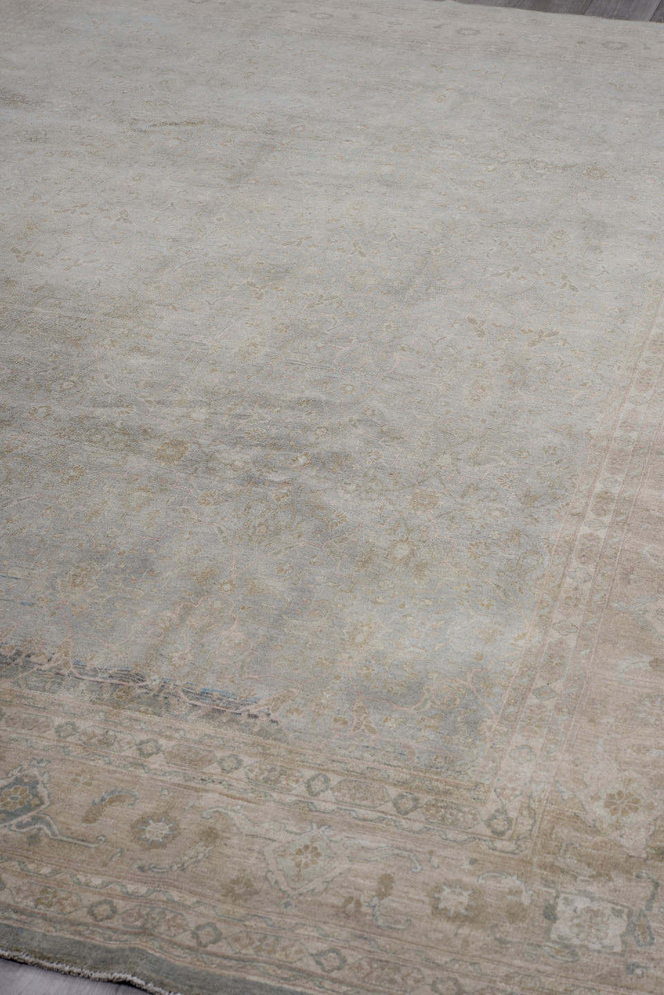 8' x 11' one-of-a-kind handmade vintage Afghan large size rug. Color palette: pale blue, blush, ivory, taupe, sage, beige