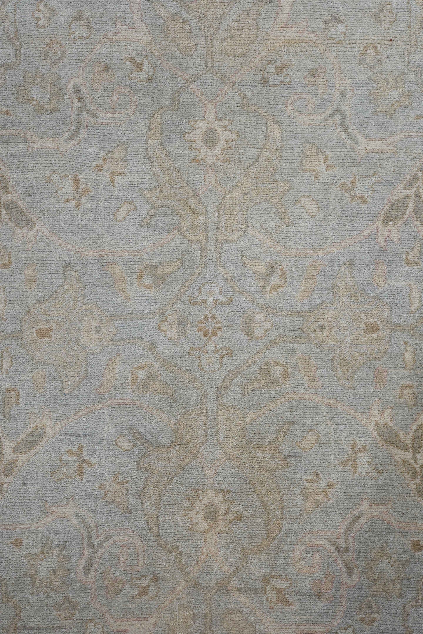 8' x 11' one-of-a-kind handmade vintage Afghan large size rug. Color palette: pale blue, blush, ivory, taupe, sage, beige