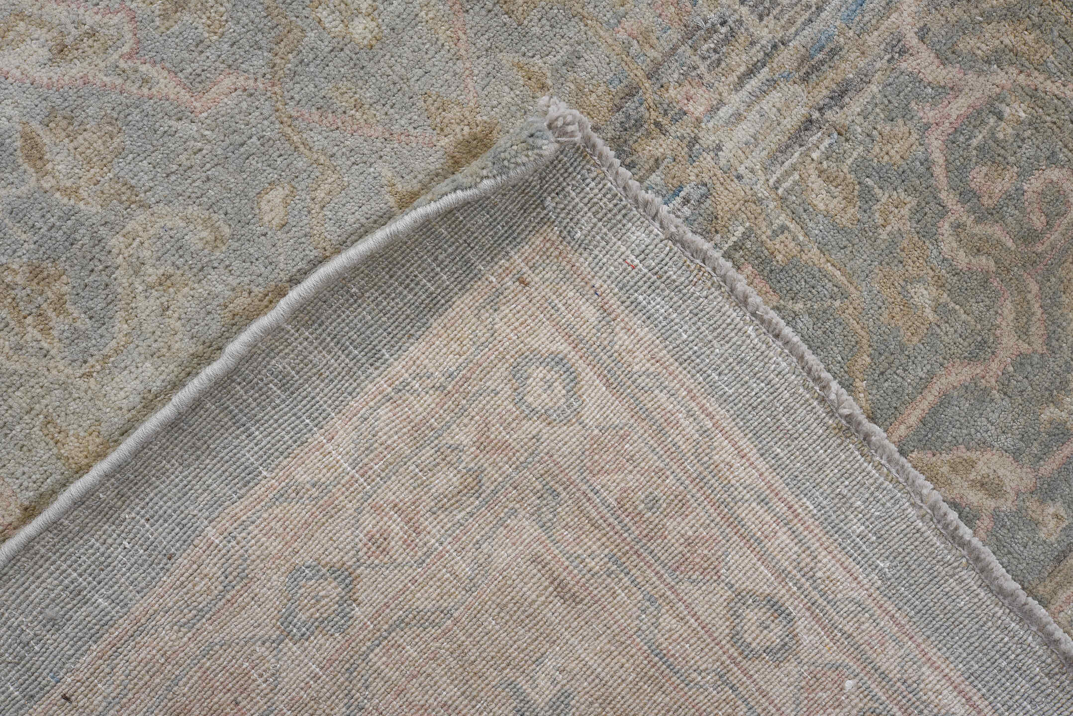 8' x 11' one-of-a-kind handmade vintage Afghan large size rug. Color palette: pale blue, blush, ivory, taupe, sage, beige